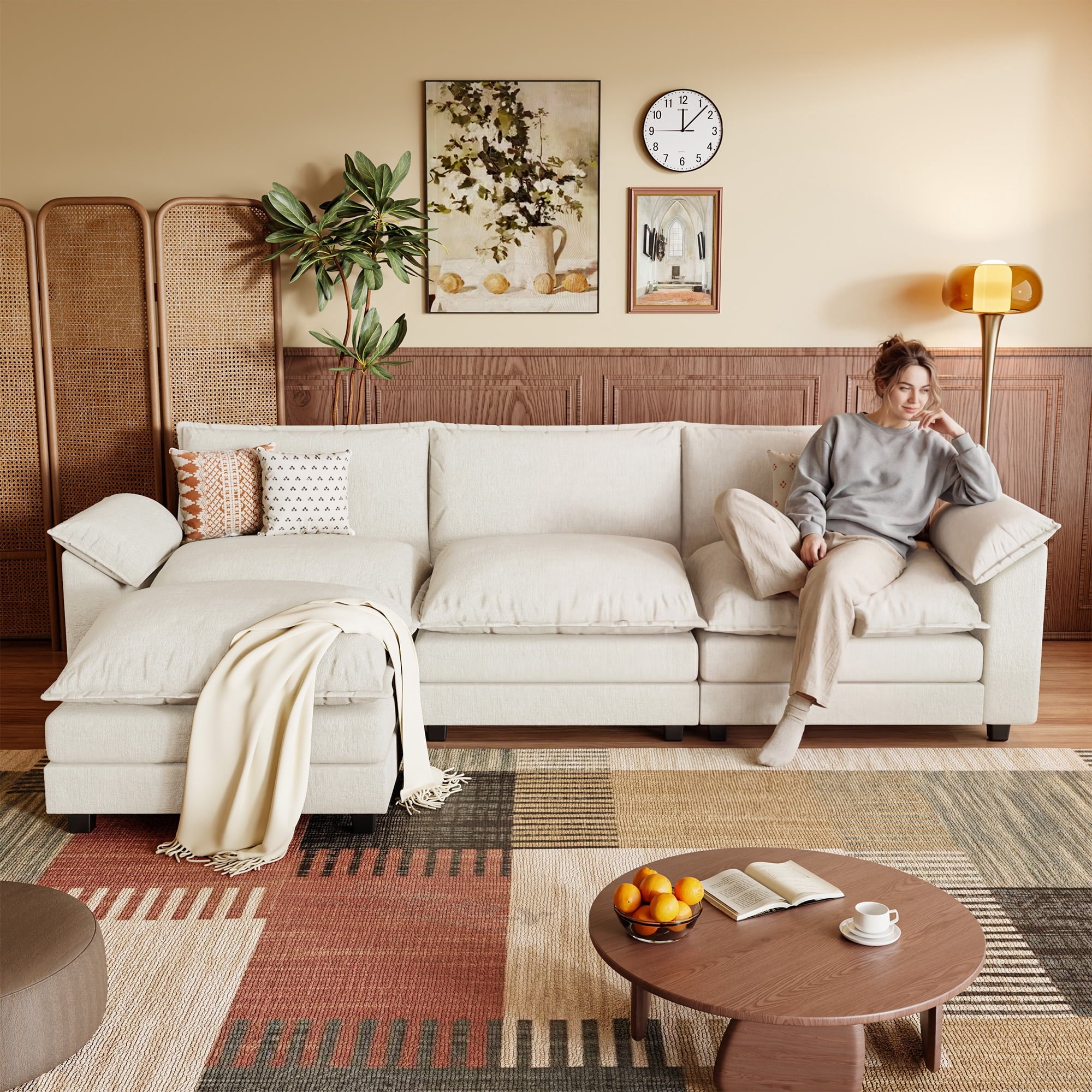 Homall 3-seat L-shaped Cloud Couch Sectional Sofa with reversible toffee chair Movable Footrest Sofa, Gray