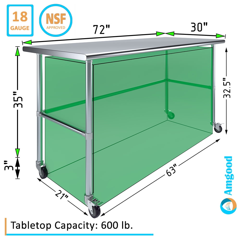 AmGood 36 Long x 30 Deep Stainless-Steel Work Table with Open Base and Wheels, Mobile Metal Table