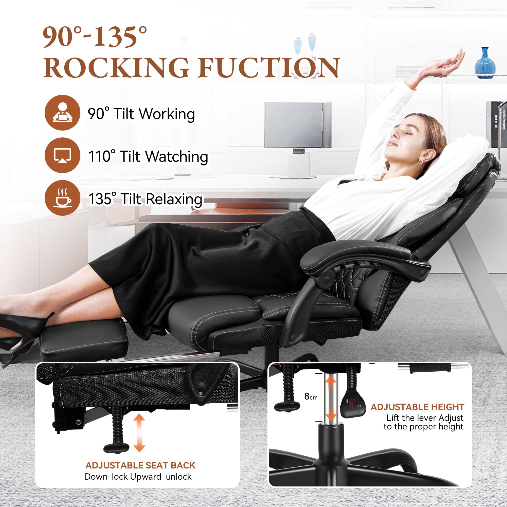 FASTES Executive Office Chair, Ergonomic Desk Chair with Adjustable Armrests, Computer Leather Chair Big and Tall Office Chair with Footrest and Lumbar Support, Brown