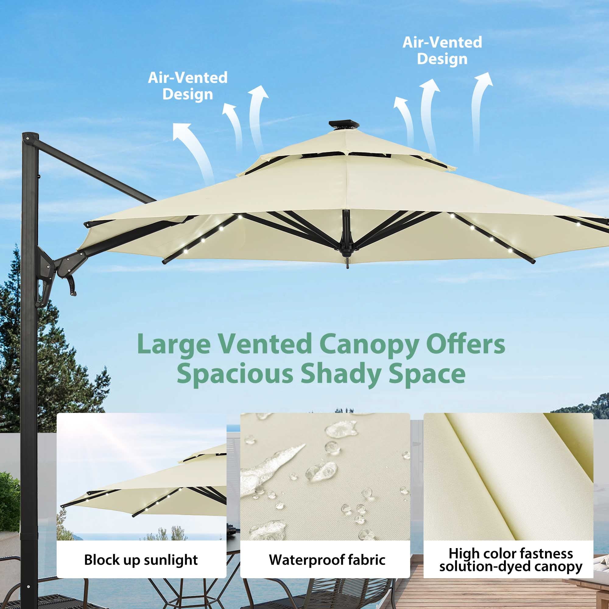 Ainfox 10ft Double Top Heavy-Duty Patio Cantilever Umbrella with lights and Cross Base, Outdoor Large Offset Hanging Aluminum Rotation Sun Shade Solar Umbrella with 360°Rotation Adjustable,Khaki