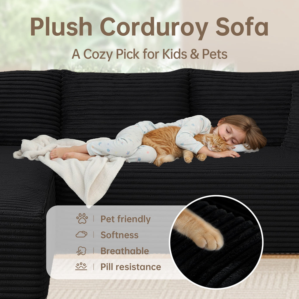 SOULART 138.5 U Shaped Sectional Couch,Gray Cloud Boneless Sofa For Living Room,Plush Corduroy Couches With Deep Seat Chaise Lounge,No Assembly Required