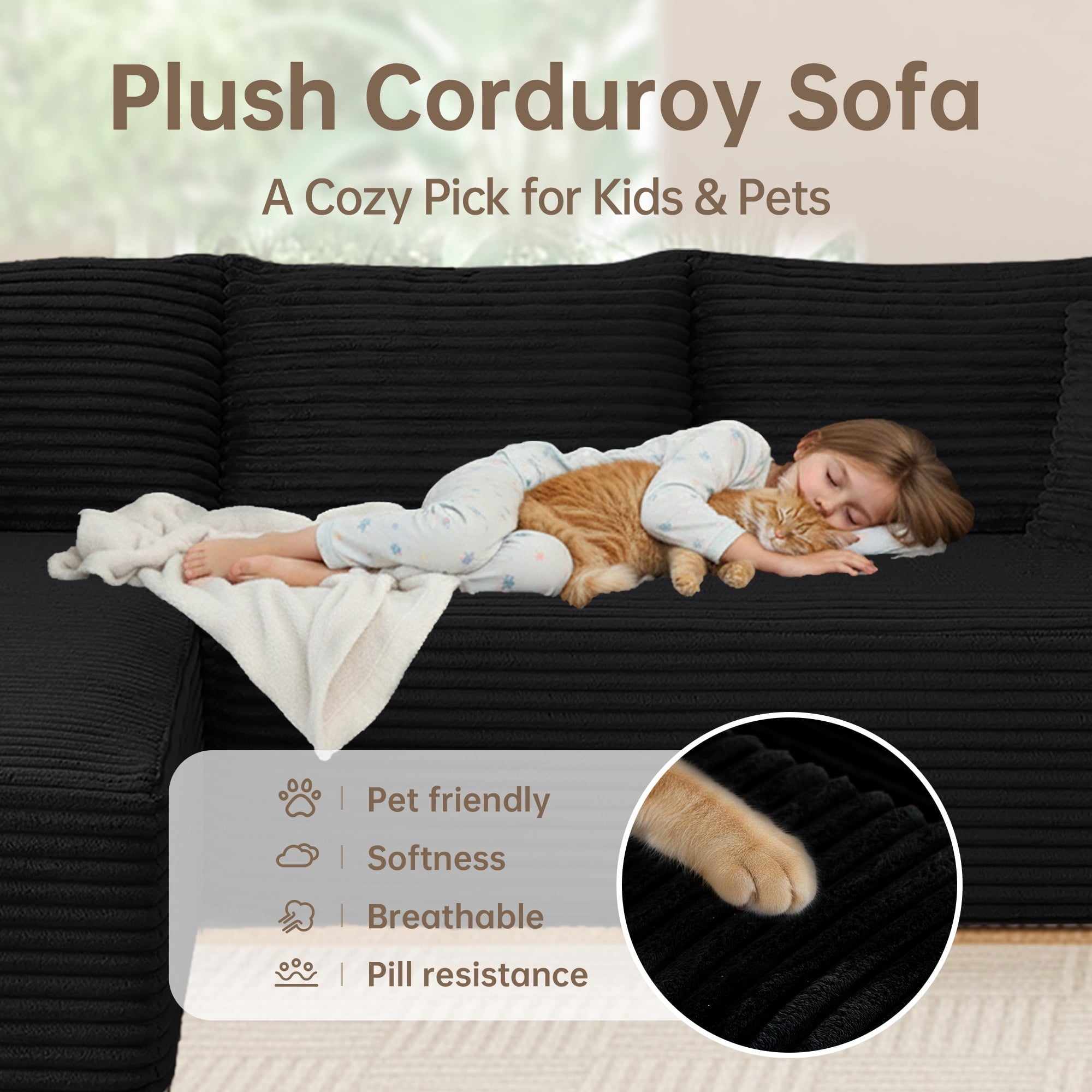 SOULART 138.5 U Shaped Sectional Couch,Gray Cloud Boneless Sofa For Living Room,Plush Corduroy Couches With Deep Seat Chaise Lounge,No Assembly Required