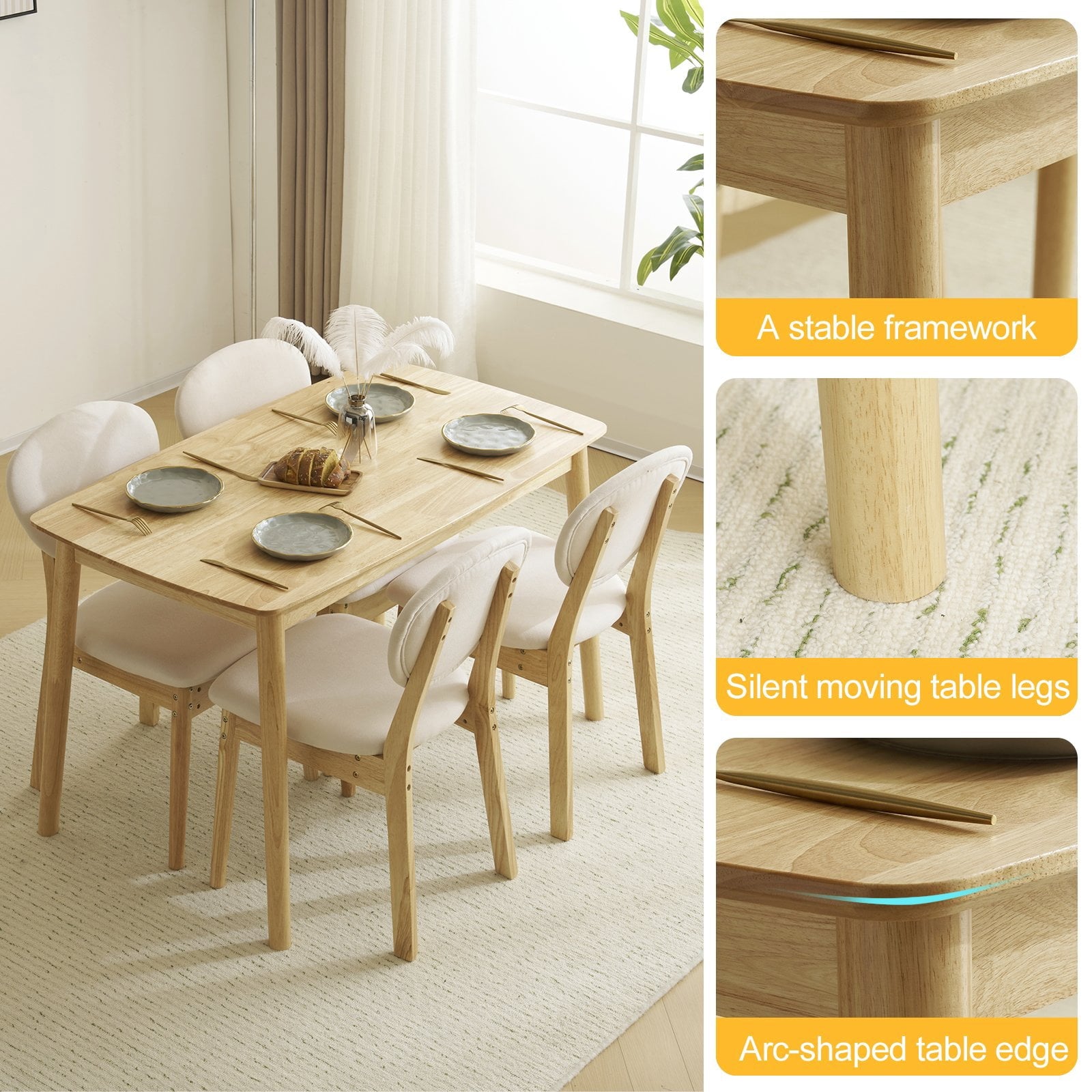 Ktaxon Dining Table Set for 4 Solid Wood Dinner Table with Padded Chairs for Home Kitchen Restaurant 47 Wood Color