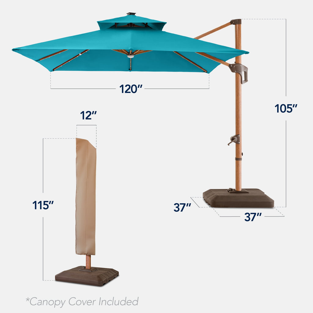 Best Choice Products 10ft Square Woodgrain Pattern 2-Tier Outdoor Solar LED Cantilever Umbrella w/ Base - Gray