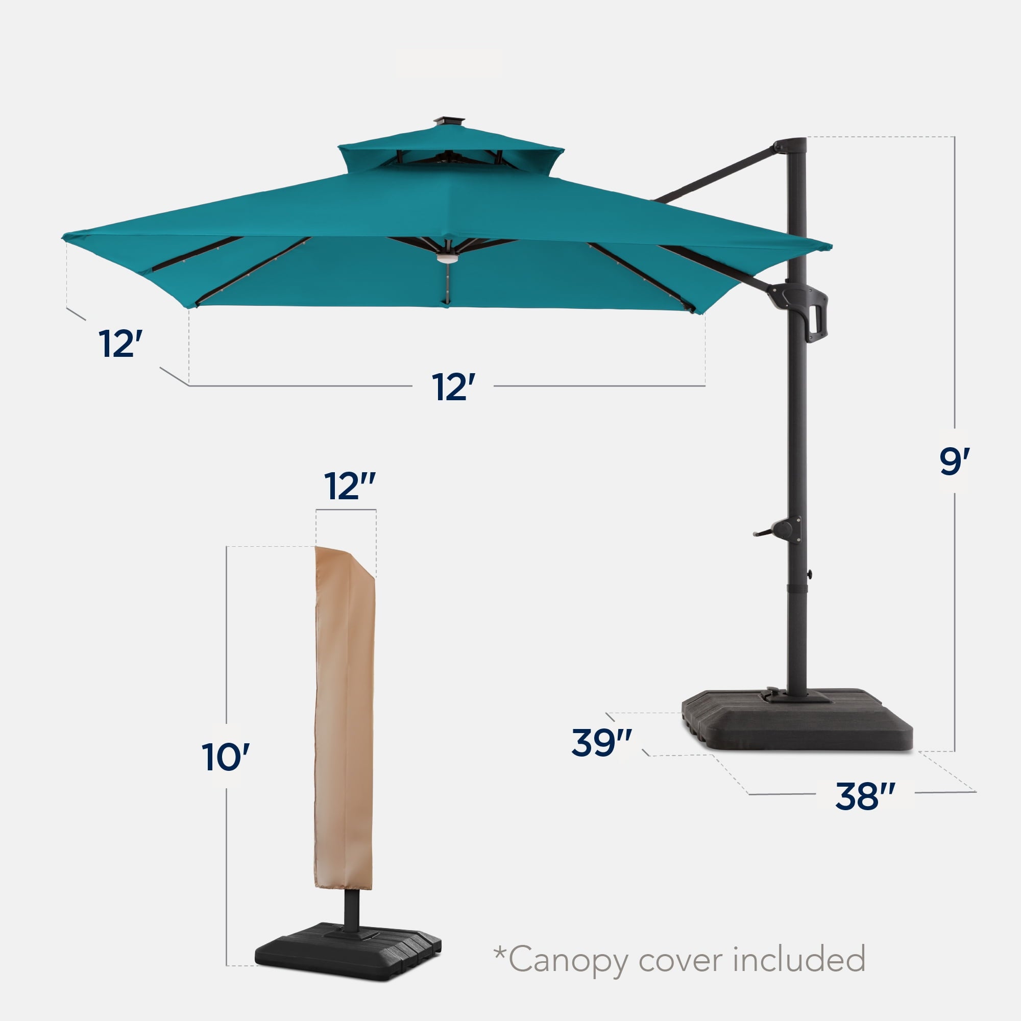 Best Choice Products 12x12ft 2-Tier Square Outdoor Solar LED Cantilever Umbrella w/ 360-Rotating Base   Gray