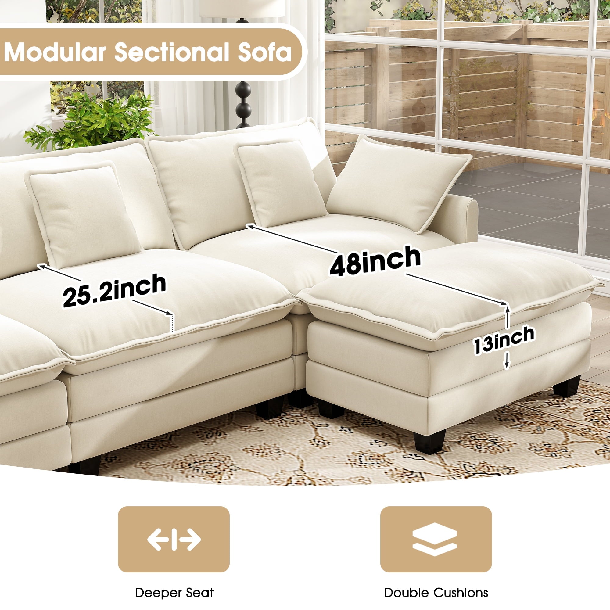 BedLuxury 111.5'' Modular Sectional Sofa with Movable Ottomans, U Shaped Cloud Couch for Living Room, 3-Seat, Grey