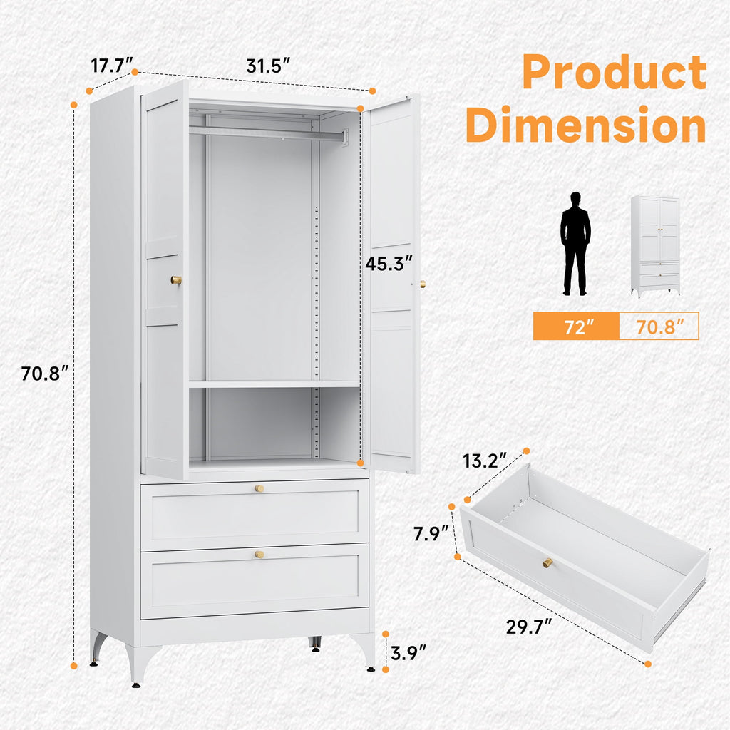 STANI Metal Wardrobe Closet with Hanging Rod, 72 White Armoire Wardrobe Cabinet with Adjustable Shelves, Clothes Storage Organizer Cabinets for Bedroom, Bathroom, Office