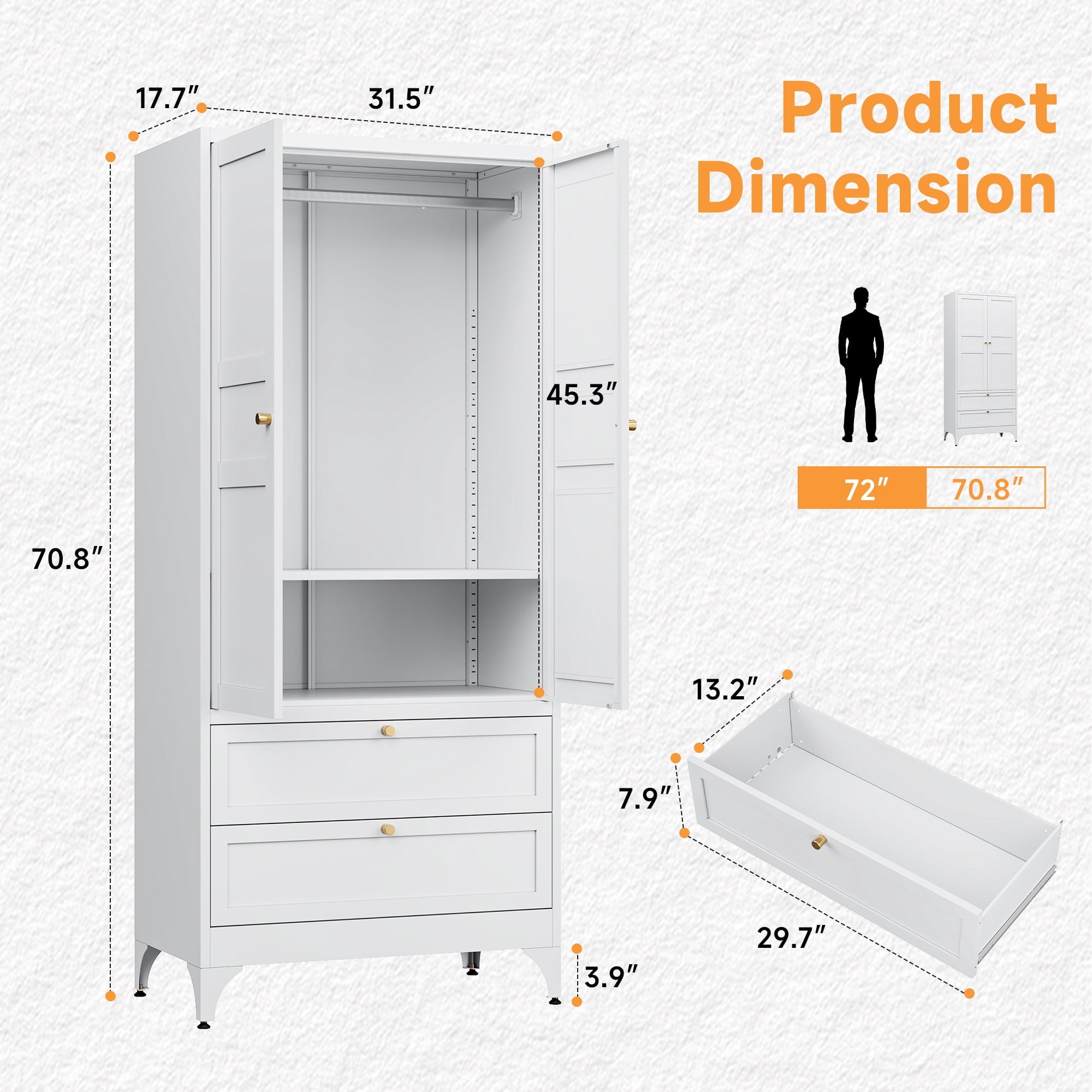 STANI Metal Wardrobe Closet with Hanging Rod, 72 White Armoire Wardrobe Cabinet with Adjustable Shelves, Clothes Storage Organizer Cabinets for Bedroom, Bathroom, Office