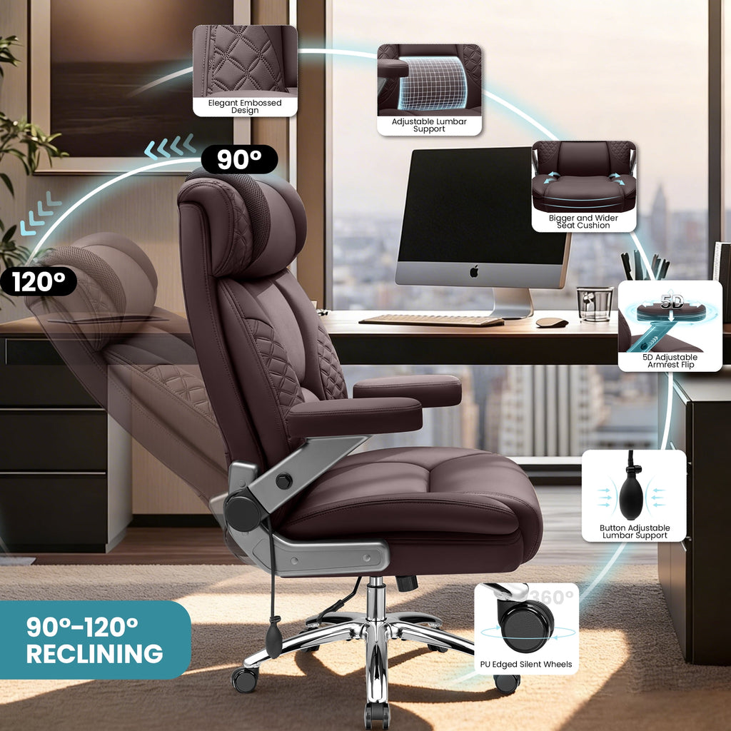 FASTES Leather Office Chair Big and Tall Desk Office Chair, 500lbs Computer Chair Ergonomic Extra Wide Gaming Chair with Adjustable Lumbar Support 5D Flip Arms, Black