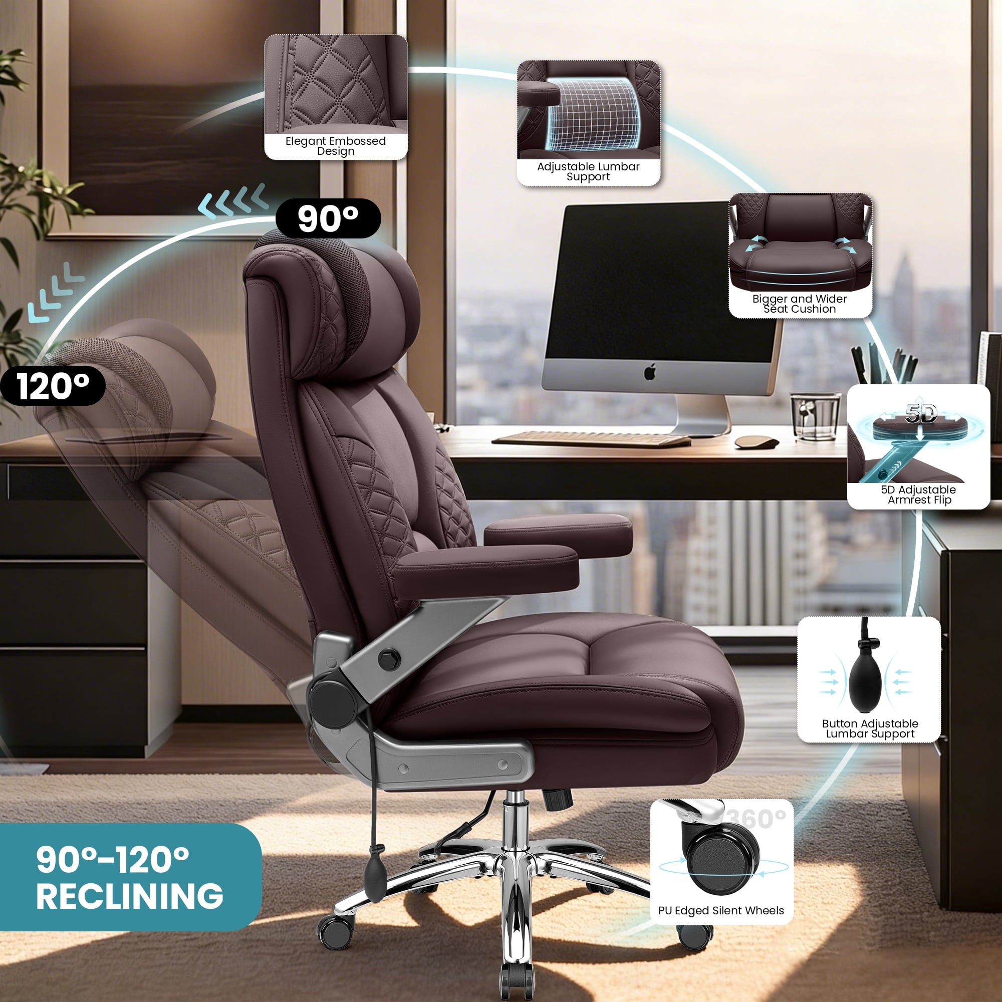 FASTES Leather Office Chair Big and Tall Desk Office Chair, 500lbs Computer Chair Ergonomic Extra Wide Gaming Chair with Adjustable Lumbar Support 5D Flip Arms, Black