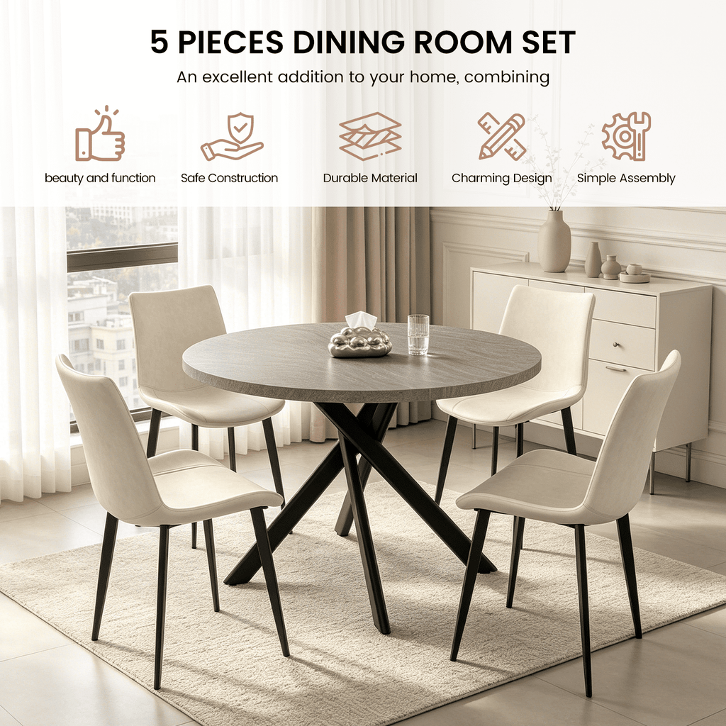 43.5 Round Dining Table for 4, Space Saving Kitchen Table with Metal Legs, Mid Century Modern Dining Table for Dining Living Room Apartment Small Space