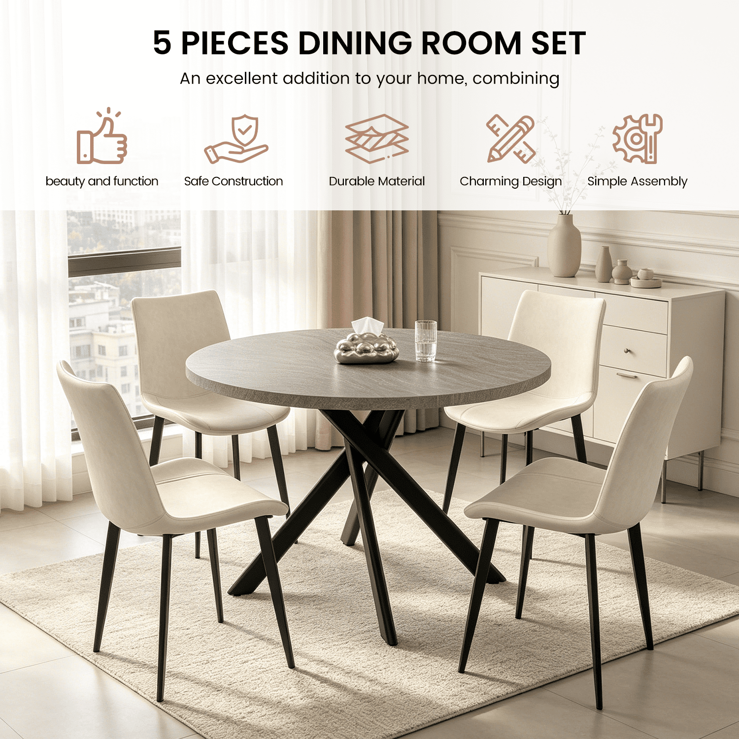 43.5 Round Dining Table for 4, Space Saving Kitchen Table with Metal Legs, Mid Century Modern Dining Table for Dining Living Room Apartment Small Space