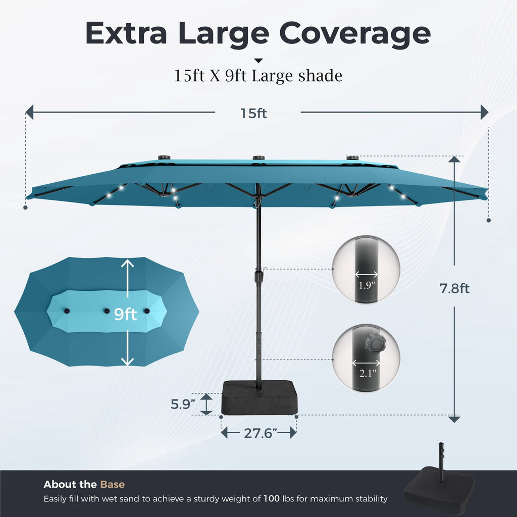 Alpha Joy 15ft Dual-Layer Extra Large Outdoor Patio Umbrella Double-Sided Ventilation Umbrella with Led Lights & Umbrella Base, Beige