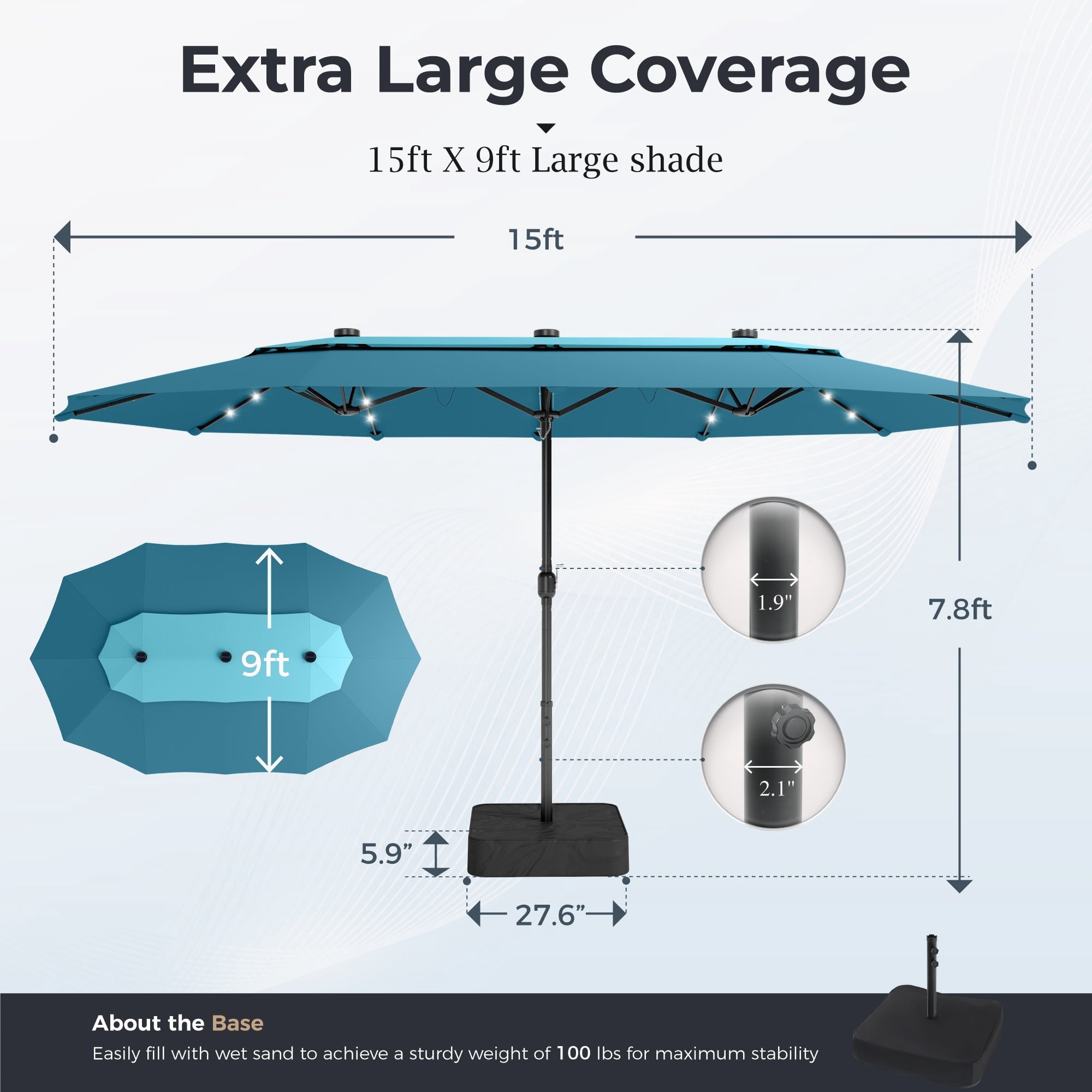 Alpha Joy 15ft Dual-Layer Extra Large Outdoor Patio Umbrella Double-Sided Ventilation Umbrella with Led Lights & Umbrella Base, Beige