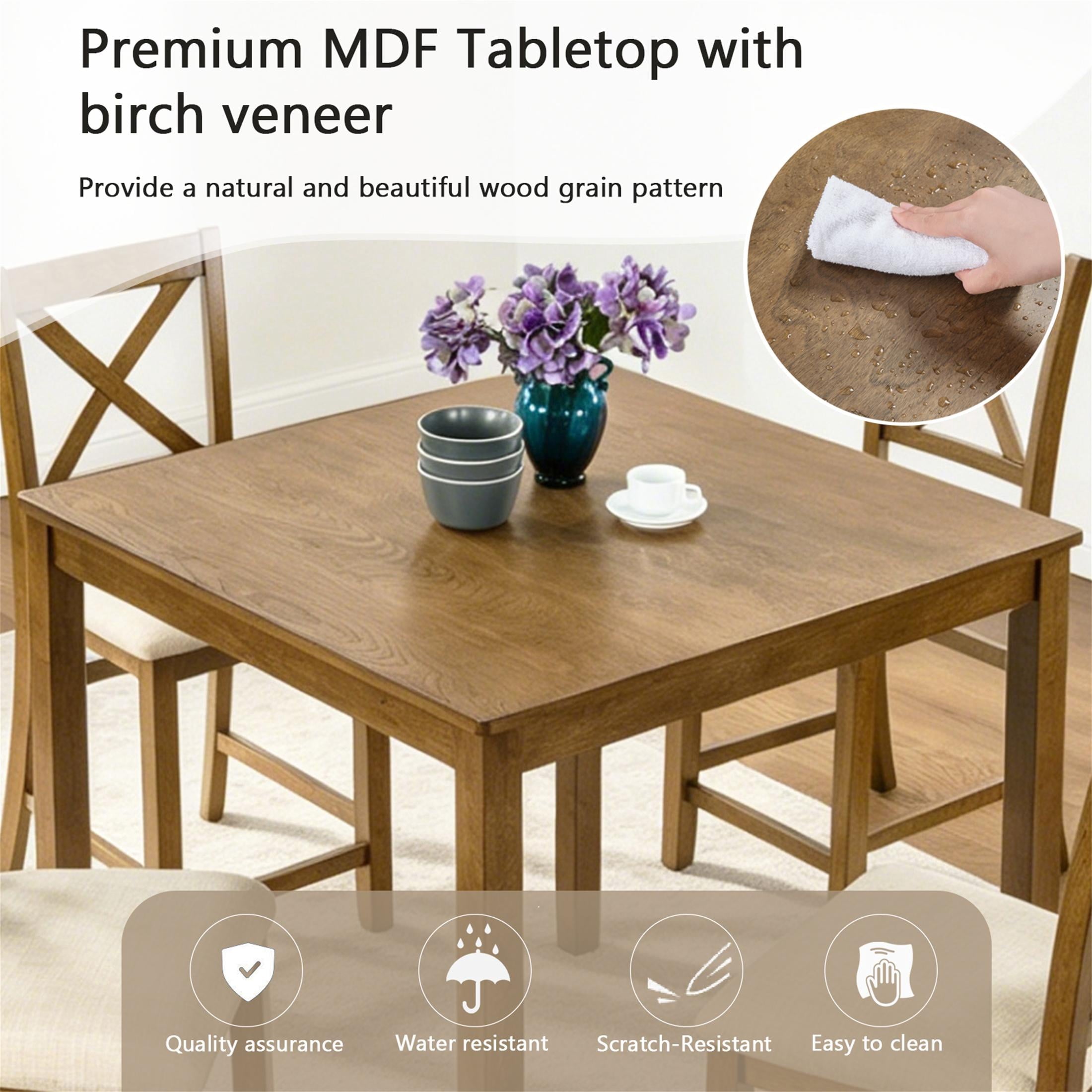 SESSLIFE Dining Table Set for 4, Counter Height Kitchen Table Set with Square Table and 4 Upholstered Chairs, Solid Wood Dining Room Set for 4, Space-Saving, Black & Oak