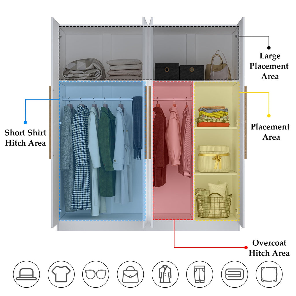 MONSLIPA Wardrobe Closet, 4 Door Wooden Armoire Storage with Hanging Rods for Bedroom, White