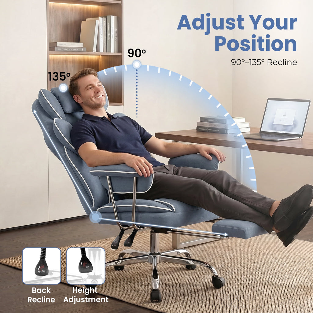 CELTOSS Executive Office Chair 400LBS, High Back Computer Chair with Arms and Footrest, Ergonomic Desk Chair with Lumbar Support, 90–135° Reclining Office Chairs for Home Work, Fabric Blue