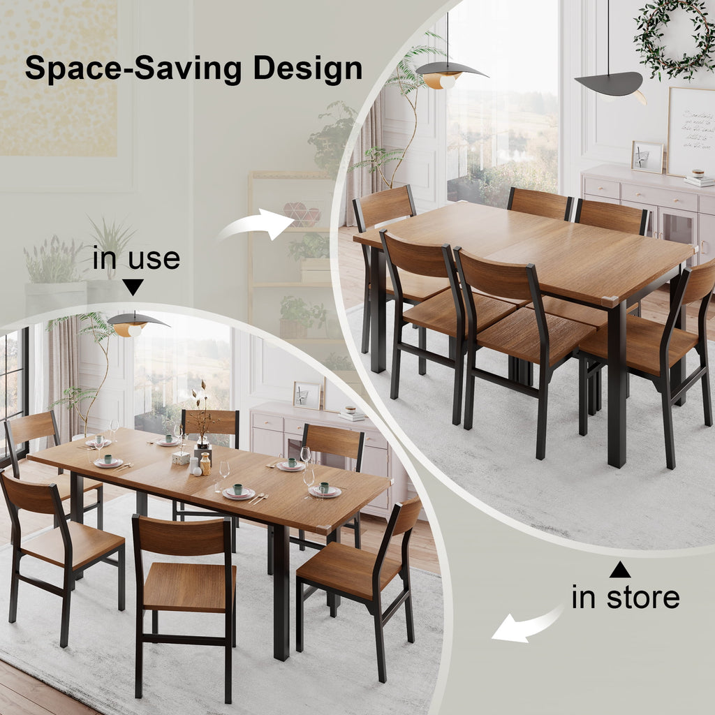 iPormis 63 Extendable Kitchen Table Set for 4-6 People, 7-Piece Large Dining Table Set with 6 Chairs,Mid-Century Dining Room Table,Espresso