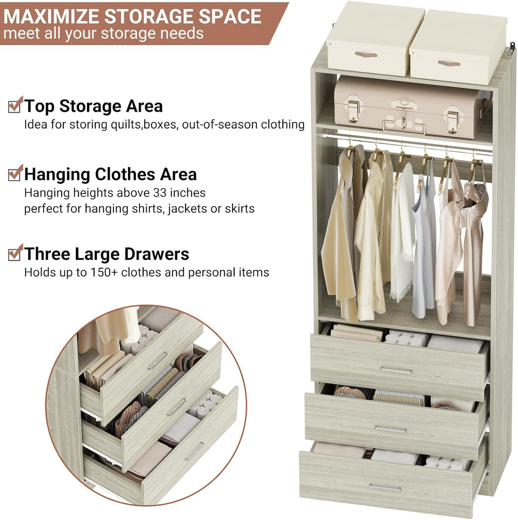 Homieasy Freestanding 2FT Closet System with 3 Wood Drawers, 24 Closet Organizer System with Hanging Rod & Shelves, Walk-in Closet Systems for Small Closets, White