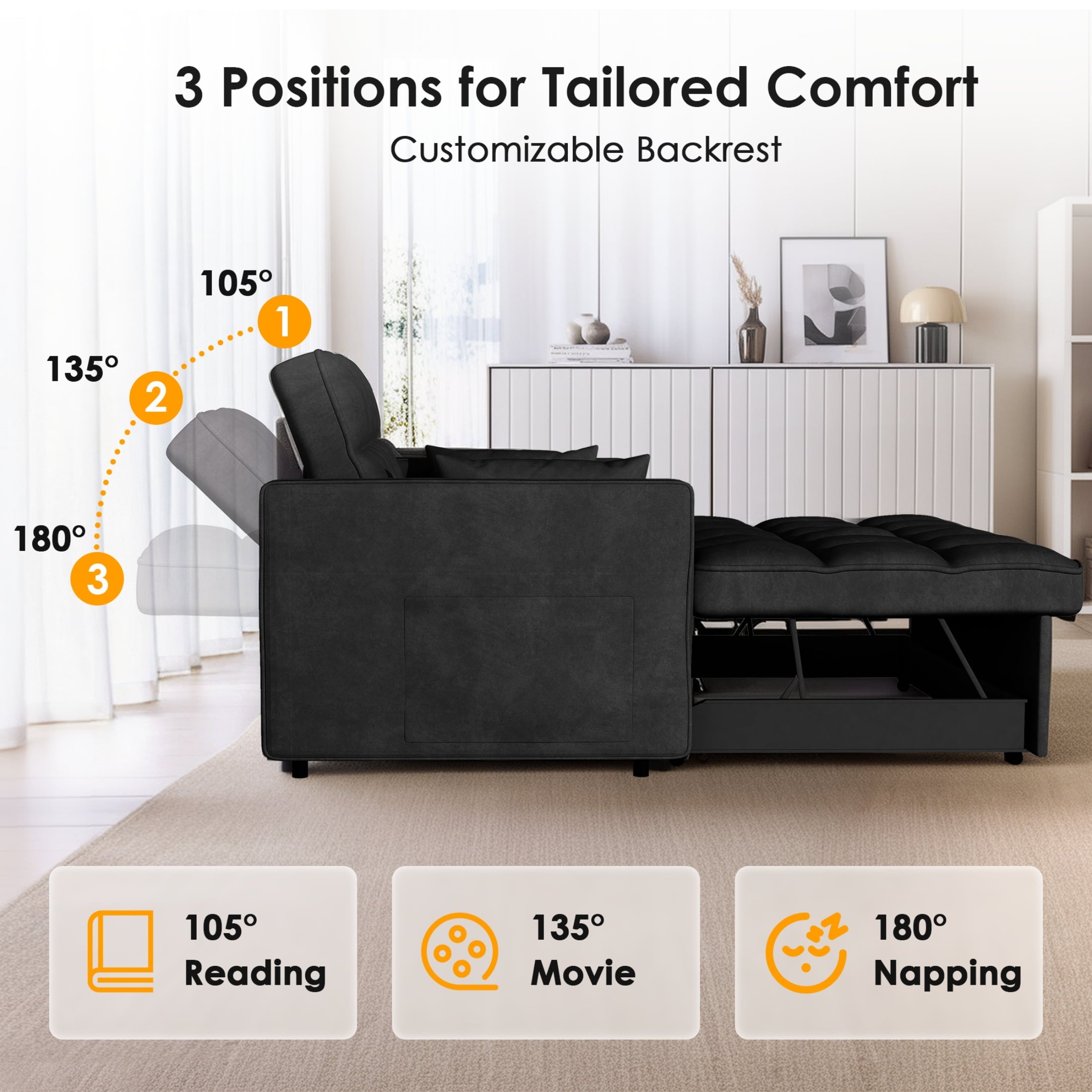 Anpport 3-in-1 Convertible Sleeper Sofa Bed, Pull-Out Loveseat Couch with Adjustable Back for Small Spaces, Velvet Fabric, 55, Dark Gray