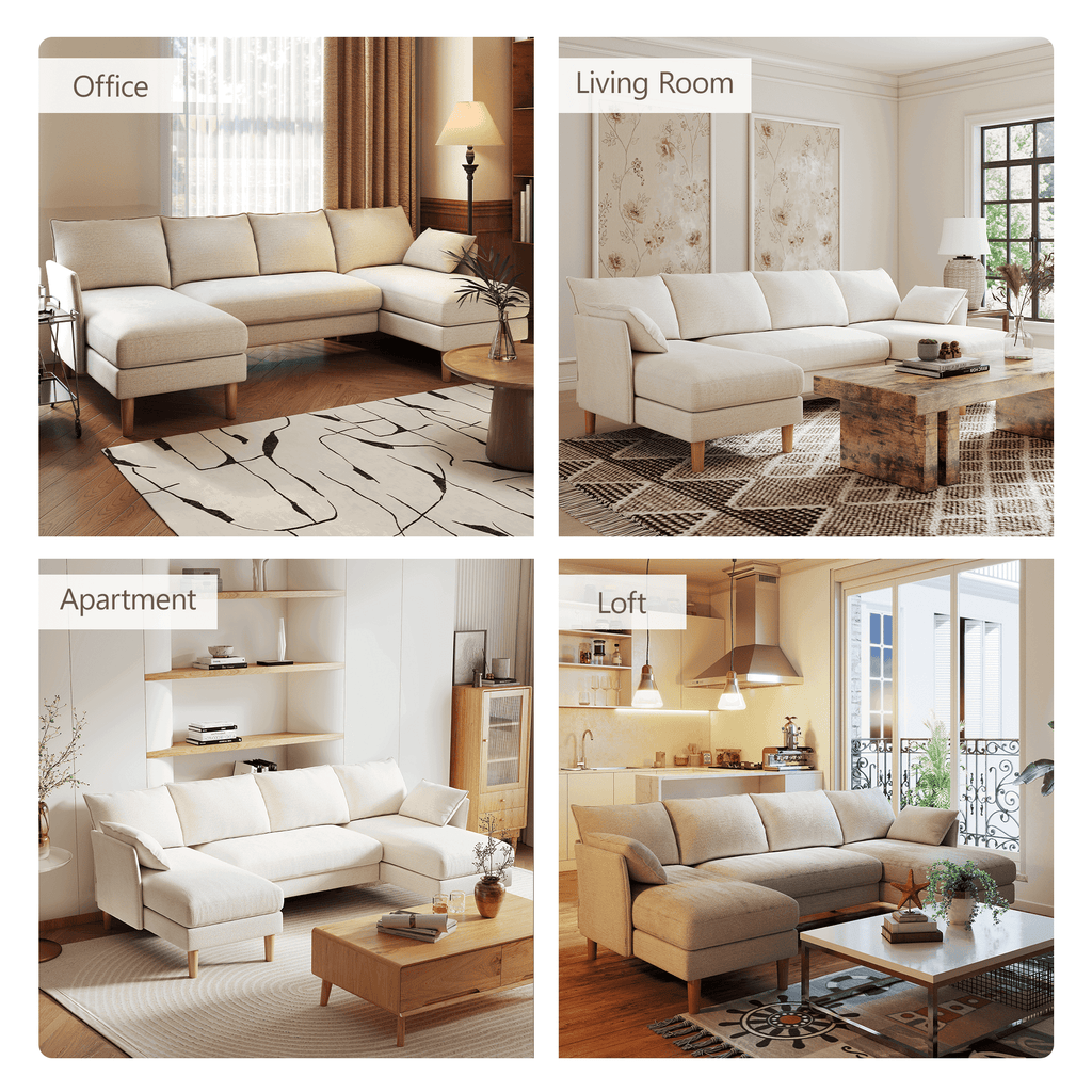 BedLuxury 100 U-Shape Sectional Sofa with Chaise, Chenille Modern Couch with High Legs for Living Room, Apartment, Beige
