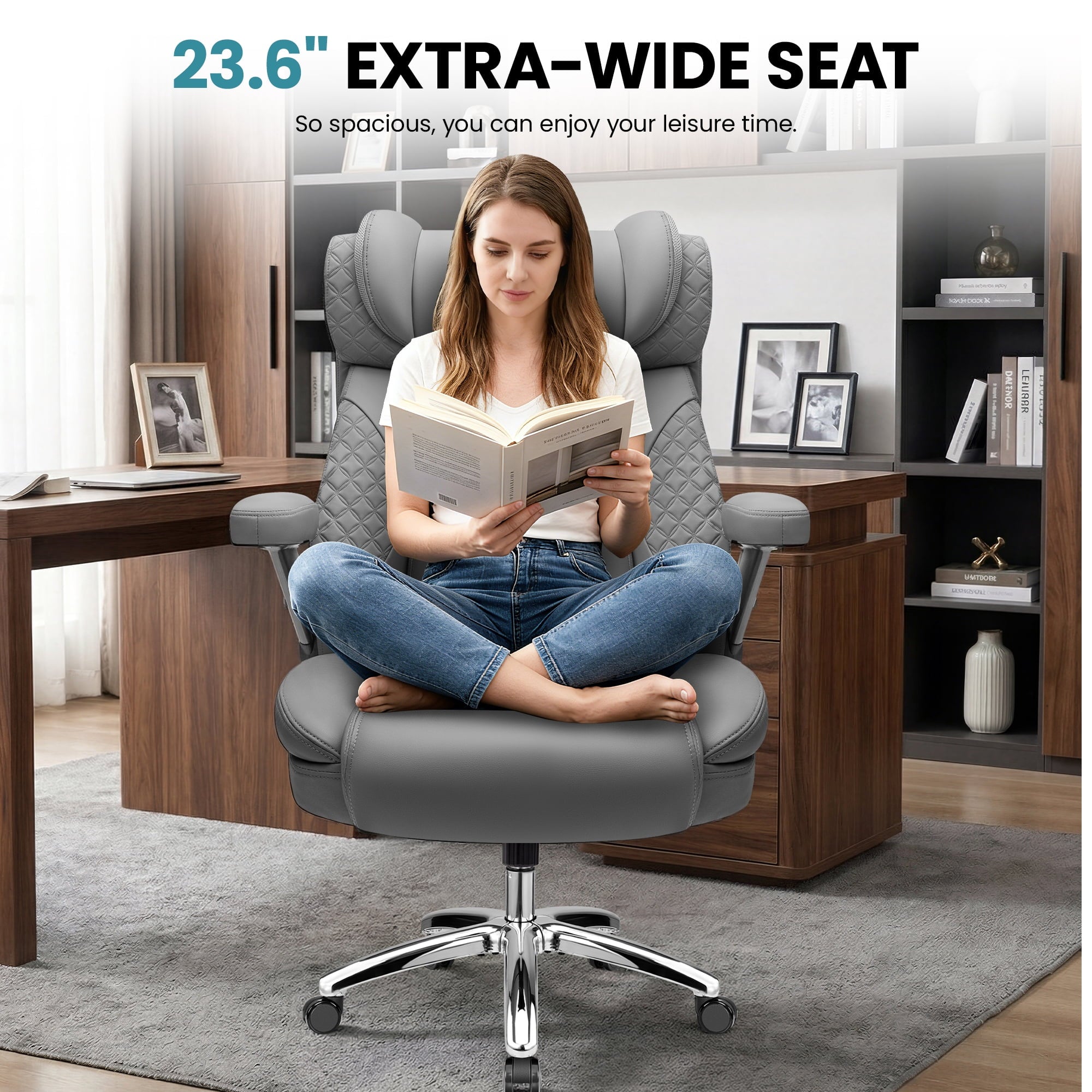 FASTES Leather Office Chair Big and Tall Desk Office Chair, 500lbs Computer Chair Ergonomic Extra Wide Gaming Chair with Adjustable Lumbar Support 5D Flip Arms, Black
