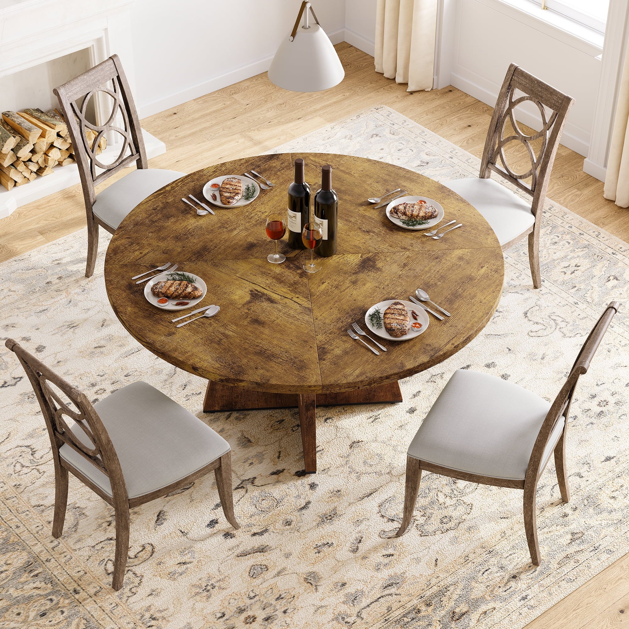 47'' Round Large Dining Table Set for 4 to 6,Mid Century Wood Dinner Table with Wide Tabletop and Cross Base,Dining Room Table for Home Dining Room or Living Room (No Chairs)