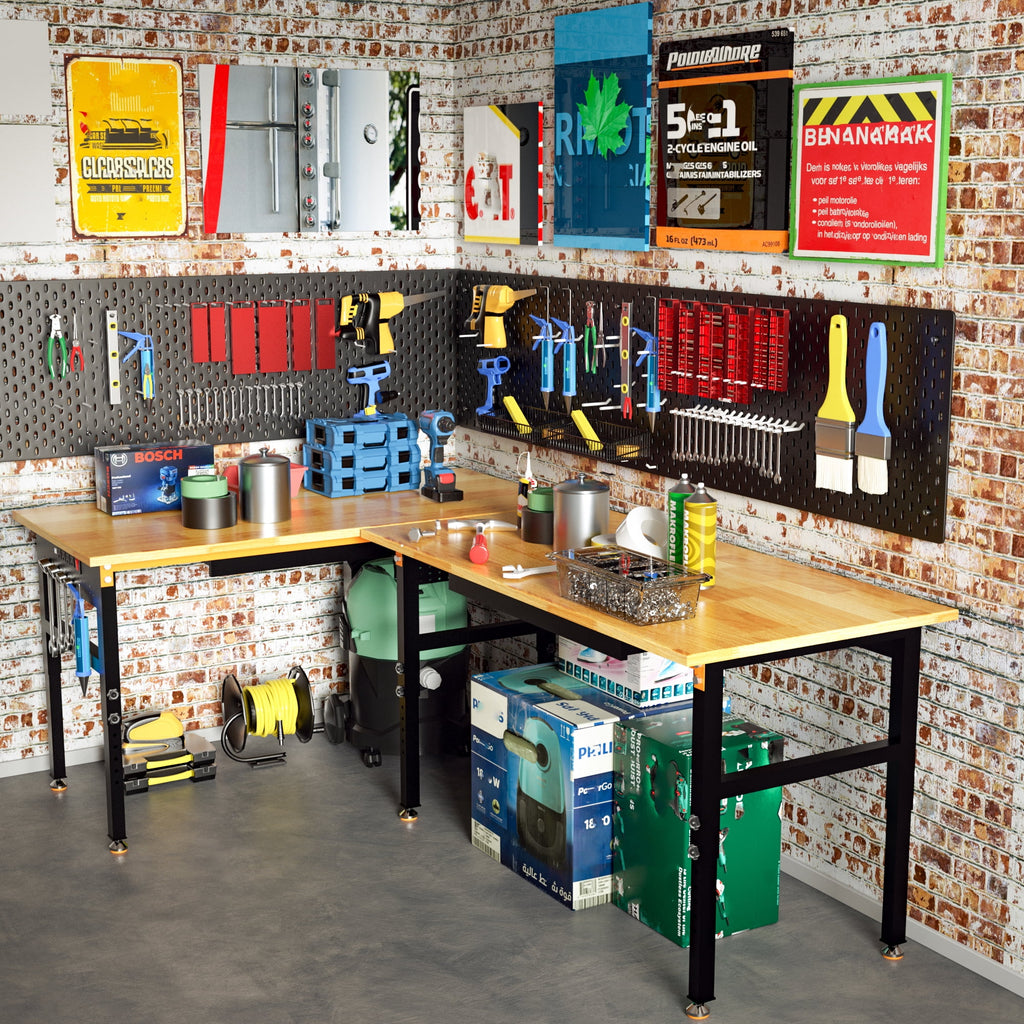 Joywind 60 Heavy-Duty Adjustable Workbench with Locking Wheels, Power Strip & Pegboard – Rubber Wood Work Table for Garage, Workshop, Home Office