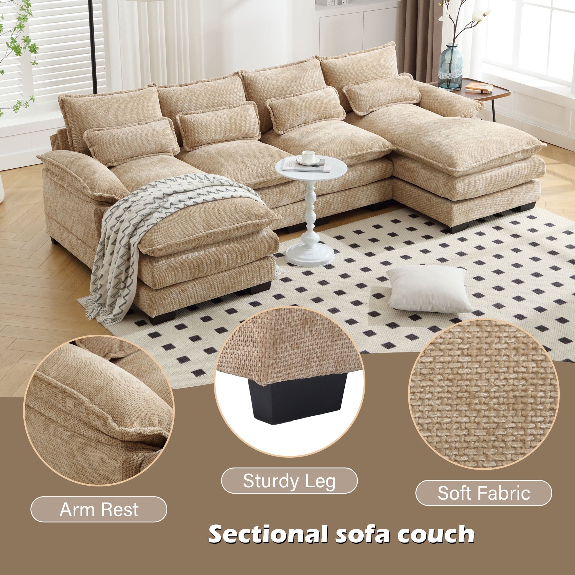 JONPONY109.45 U Shaped Couch,Oversized 4 Seat Sectional with 4 Waist Pillows, Convertible Upholstery Symmetrical Sofá,Sleeper Sofa Couch with Double Chaise Lounge &Memory Foam for Living Room, Beige