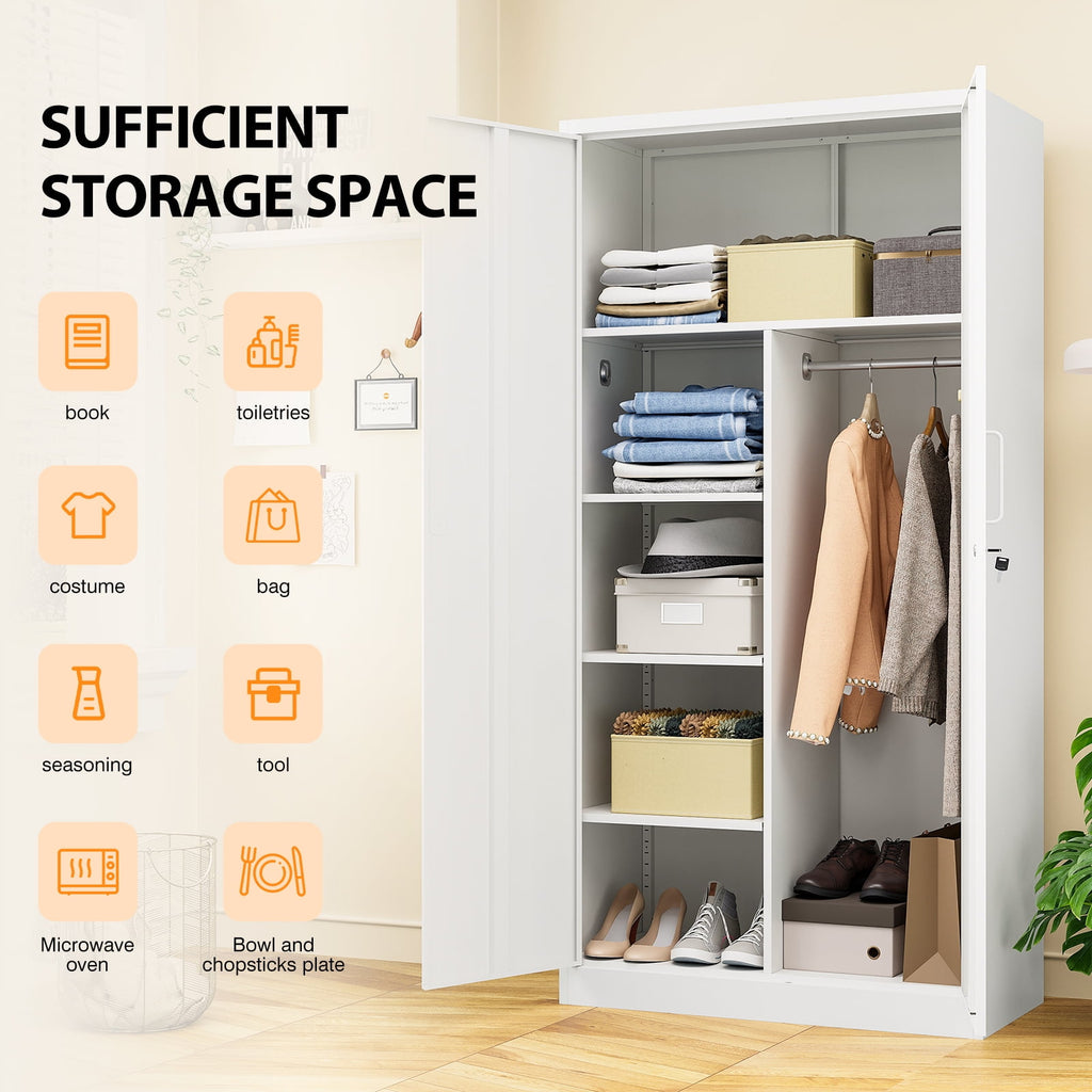 STANI Metal Wardrobe Closet with Hanging Rod, 72 White Armoire Wardrobe Cabinet with Adjustable Shelves, Clothes Storage Organizer Cabinets for Bedroom, Bathroom, Office