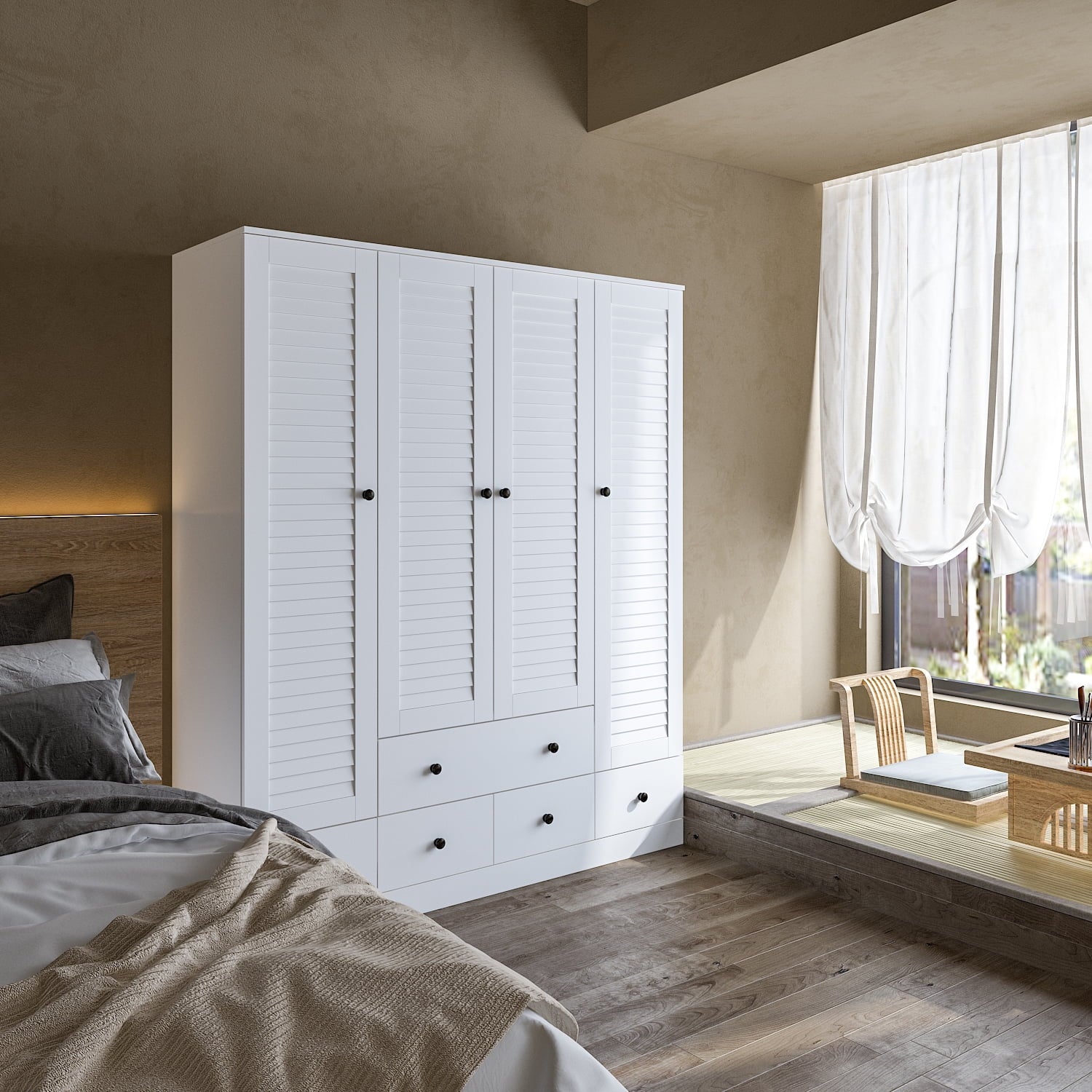 OxyLife 2 Door Wardrobe Armoire, White Closet Storage Organizer with Drawers and Shelves