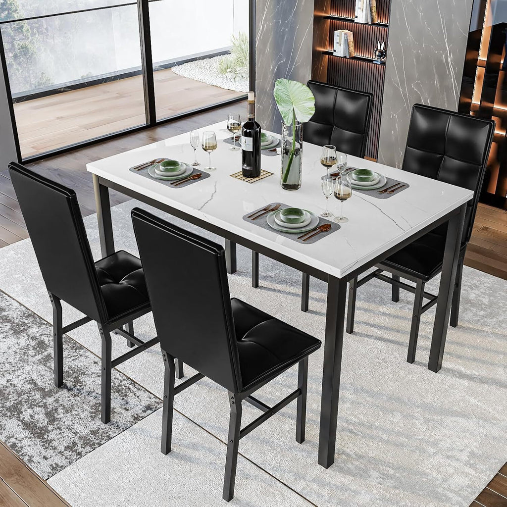 MOOSENG Dining Table Set for 4, Faux Marble Kitchen Table and Chairs Set of 4, 5-Piece Dining Room Set with PU Leather Upholstered Chairs for Small Space, Gray