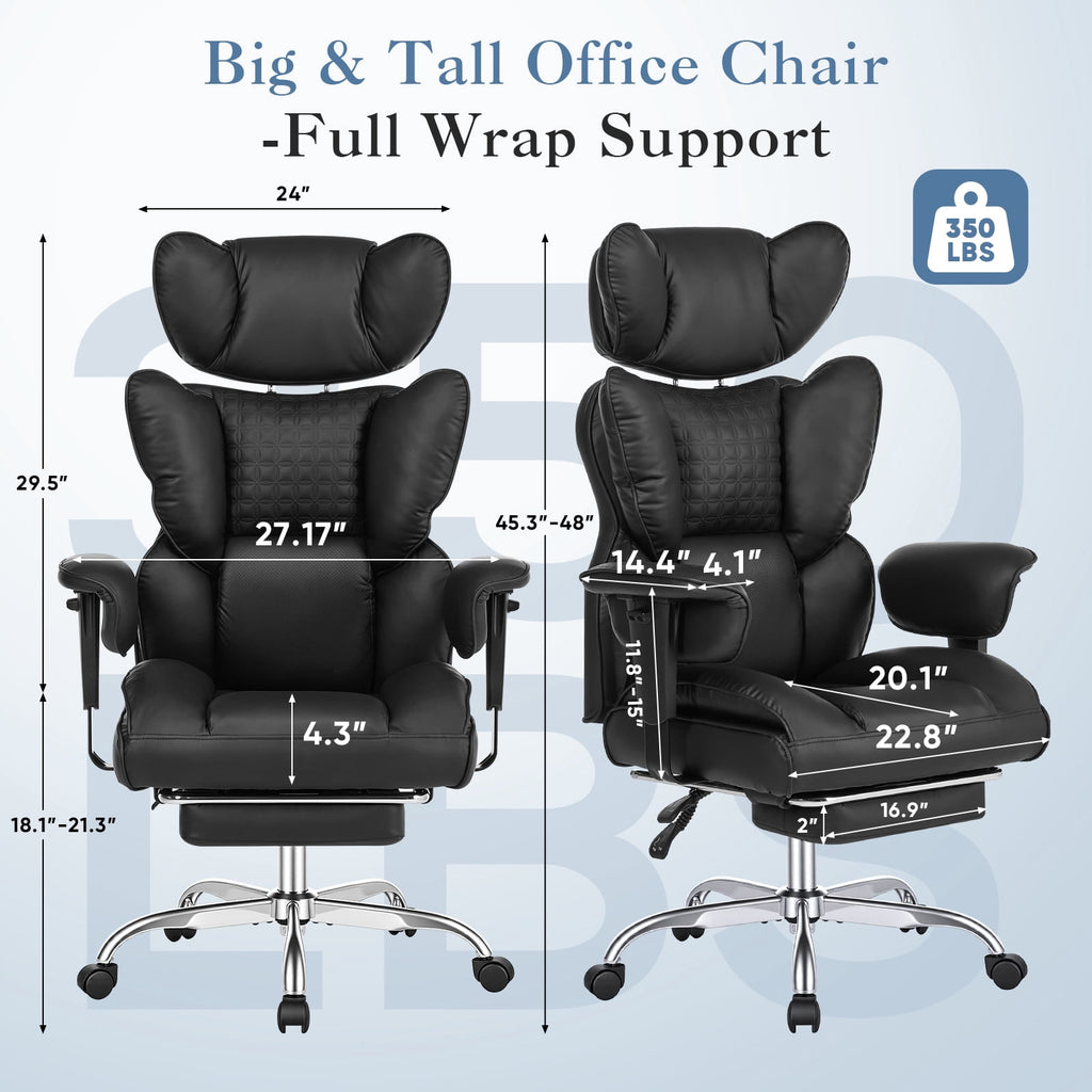 CONCETTA Ergonomic Office Chair 400LBS for Big & Tall, Heavy Duty Desk Chair with Reclining Back, Footrest, Luxurious PU Leather, Black