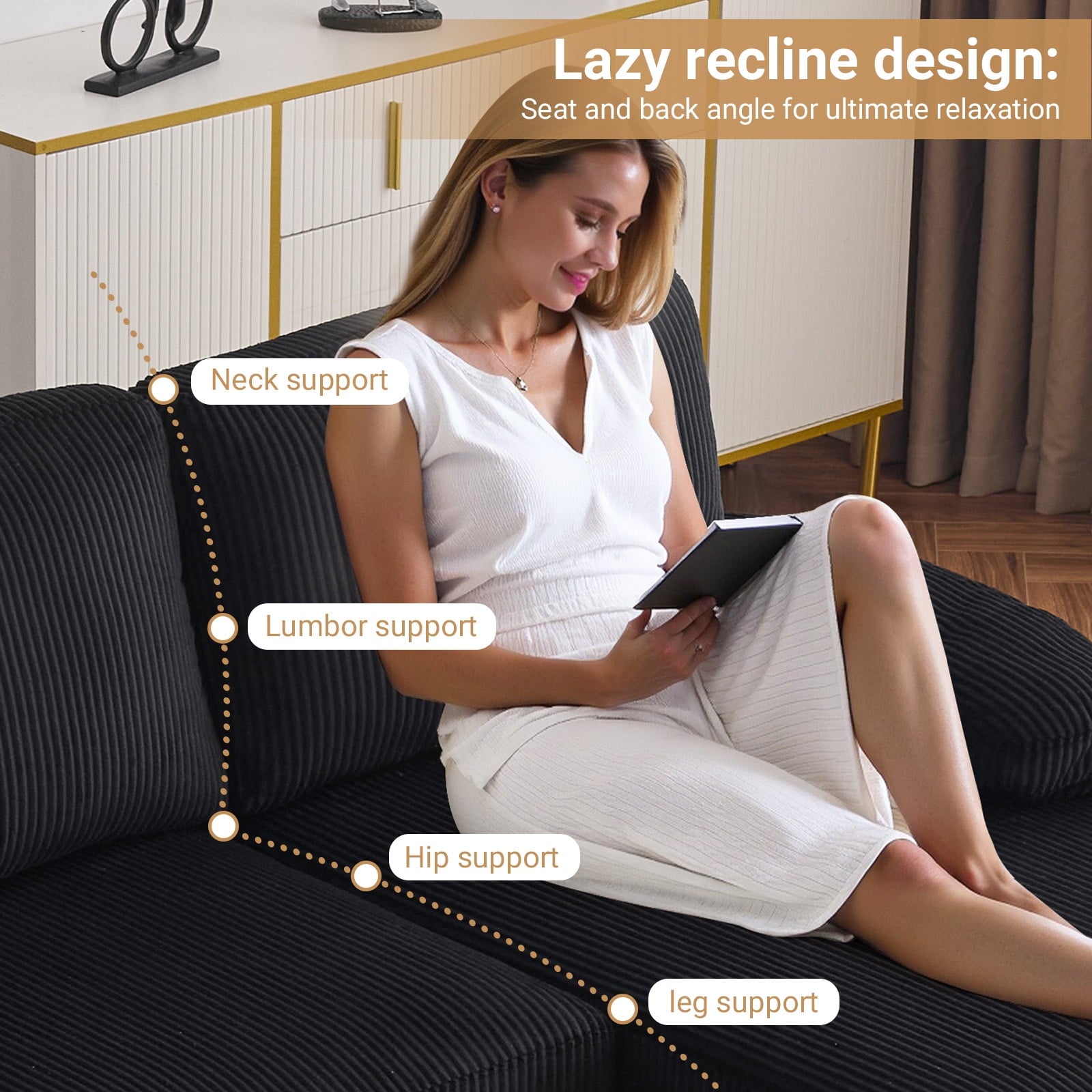 Ktaxon U-Shaped Sectional Sofa, 111  Chenille Couch, 4 Seat Lounge Sleeper with Double Chaise for Living Room Black