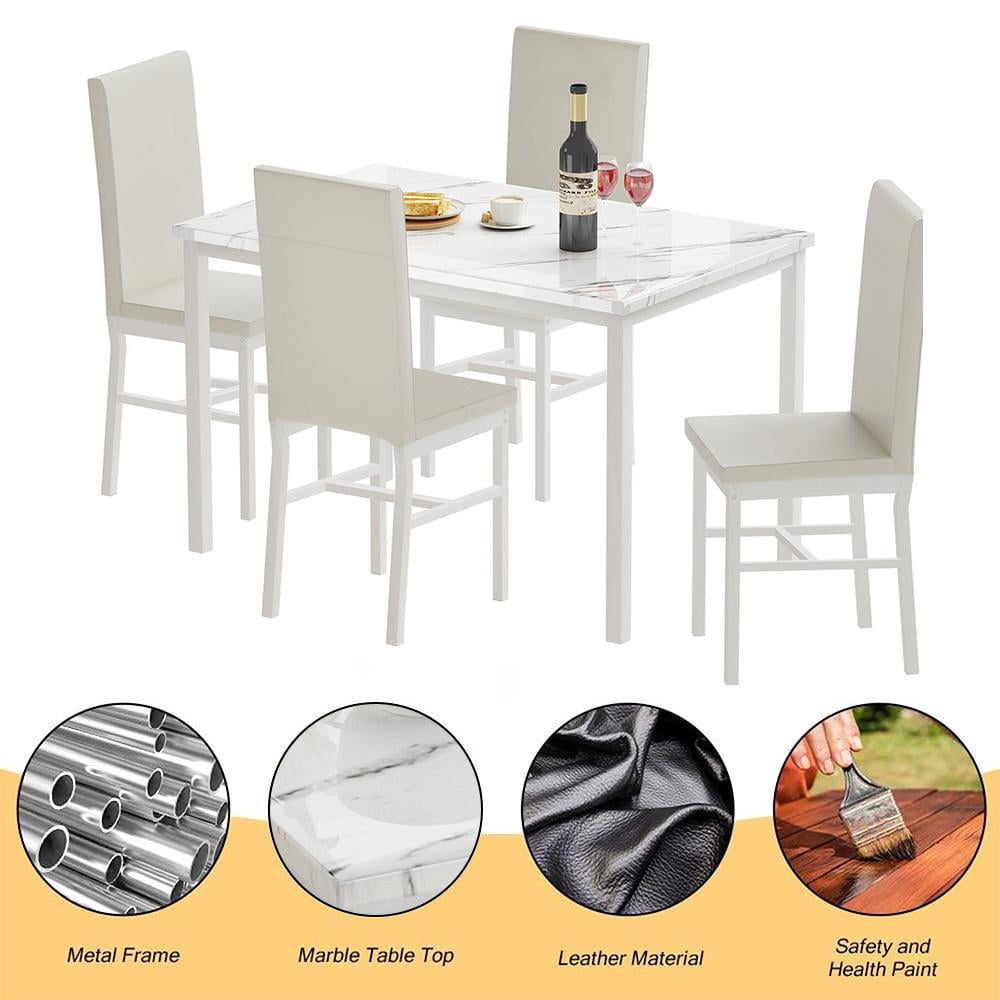 5 Piece Dining Table Set, Modern Faux Marble Tabletop and 4 PU Leather Upholstered Chairs, Rectangle Kitchen Table and Chairs for 4 Persons, Small Dining Set for Bar Dining Room Breakfast Nook