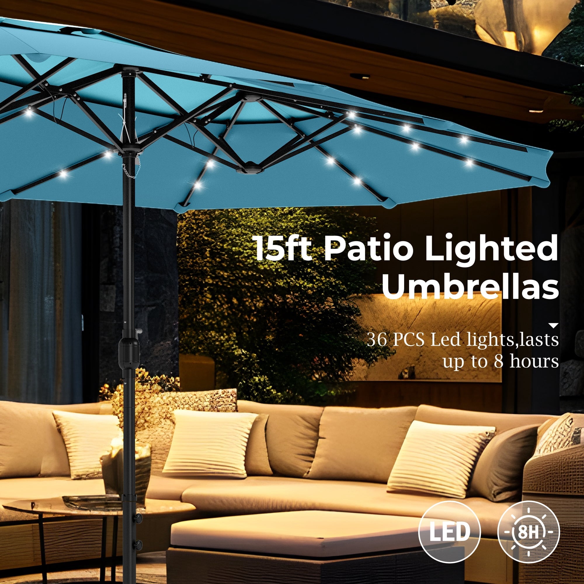 Alpha Joy 15ft Dual-Layer Extra Large Outdoor Patio Umbrella Double-Sided Ventilation Umbrella with Led Lights & Umbrella Base, Beige