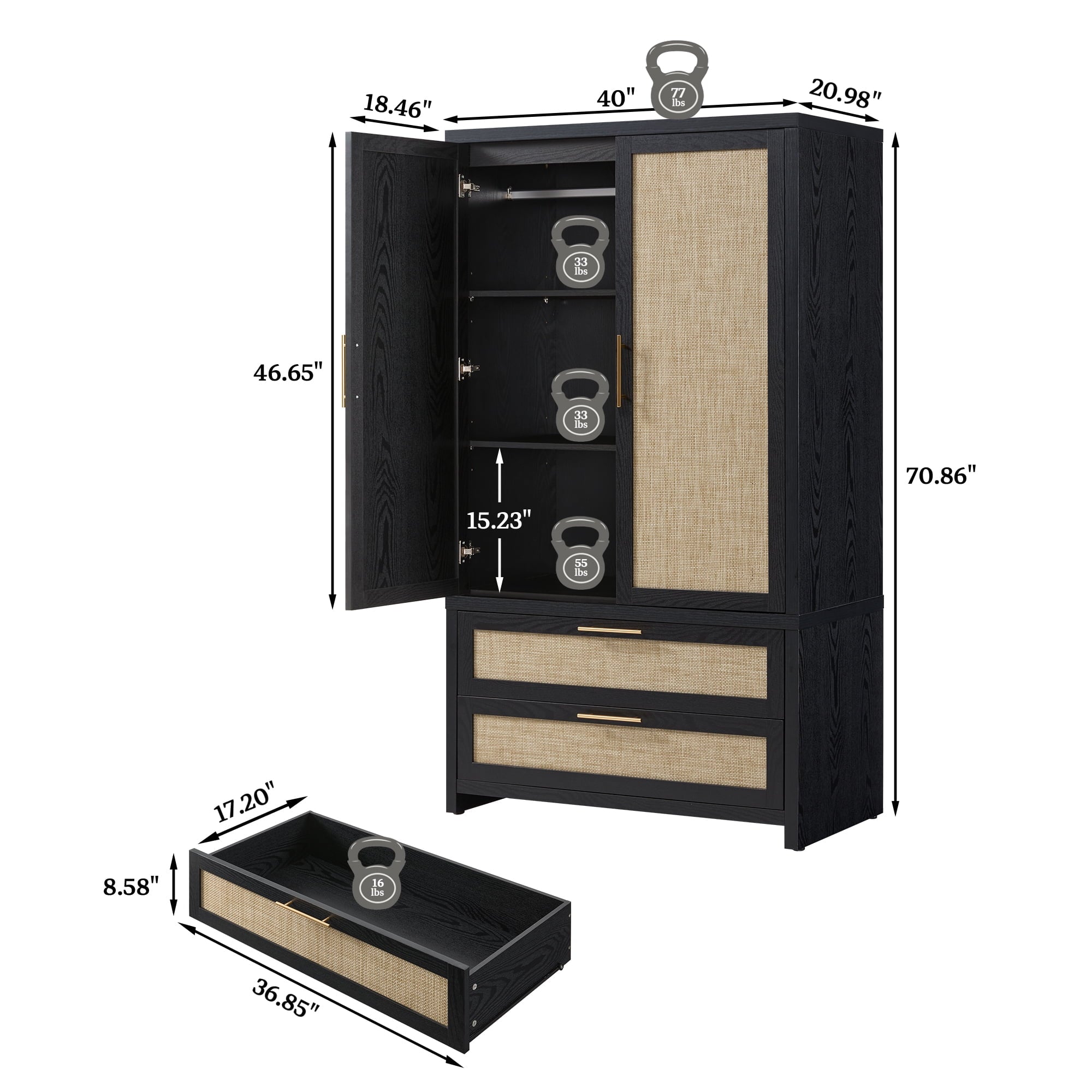 SICOTAS 40W Oversized Boho Armoire Wardrobe Closet with 2 Large Drawers, 71 Tall Rattan Clothing Storage Cabinet with Shelves & Hanging Rod, Farmhouse Freestanding Wardrobe Cabinet for Bedroom, Oak
