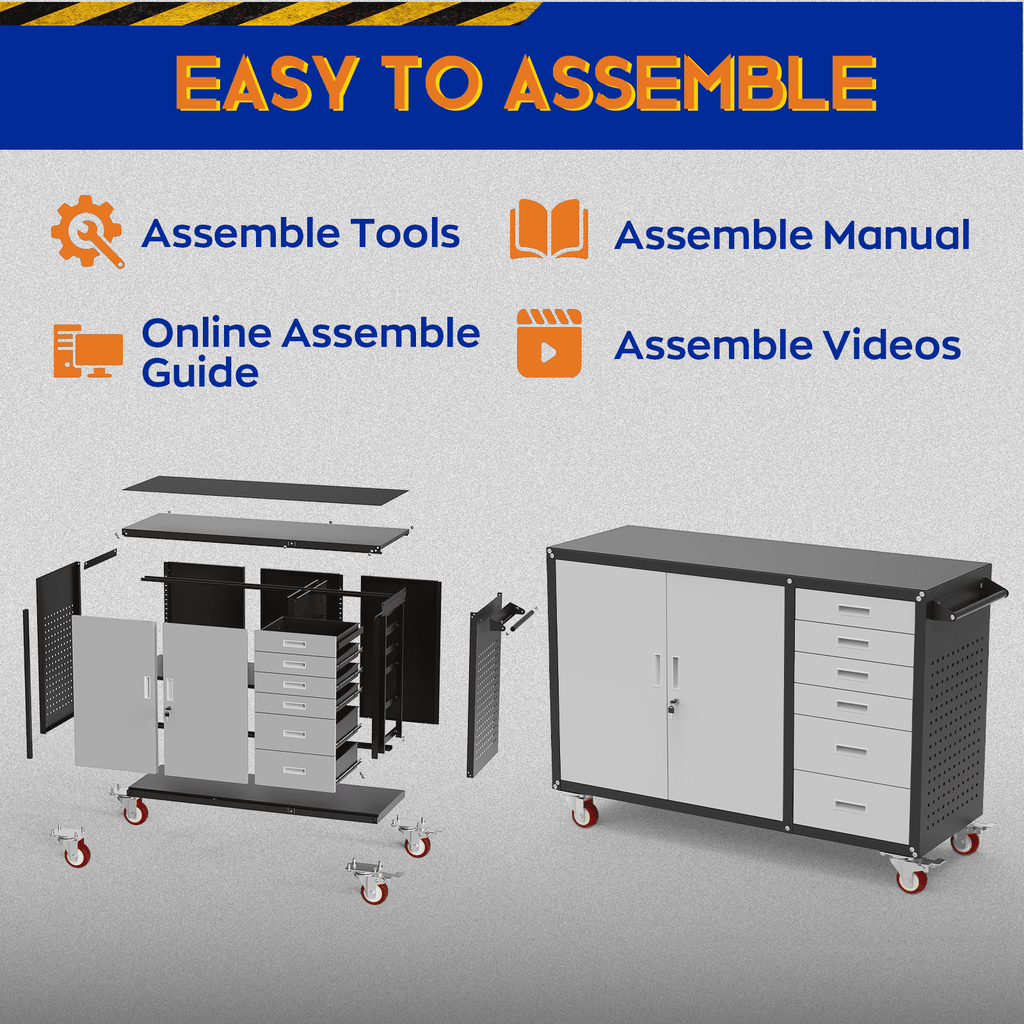 55 W Rolling Workbench with 6 Drawers and Storage Cabinet,1000 LB Capacity Heavy Duty Work Bench with Pegboard and Adjustable Shelf,Garage Workbench with Wheels for Repair Shop/Workshop