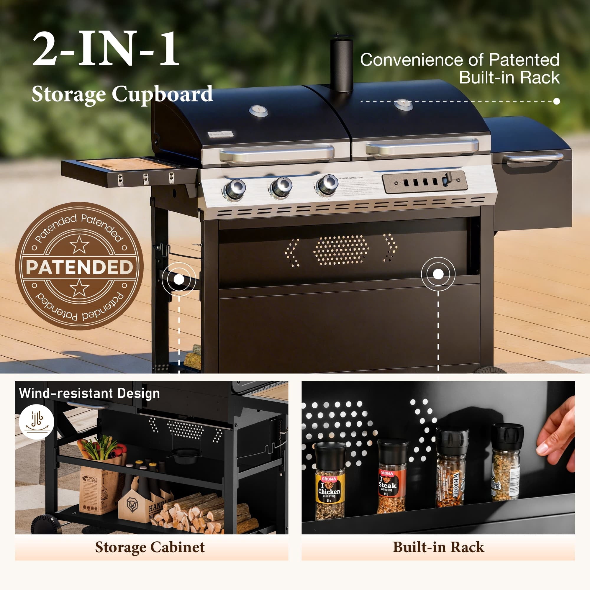 MF Studio 3-Burner Gas and Charcoal Combo Grill with Offset Smoker Large Dual Fuel BBQ Grill for Outdoor
