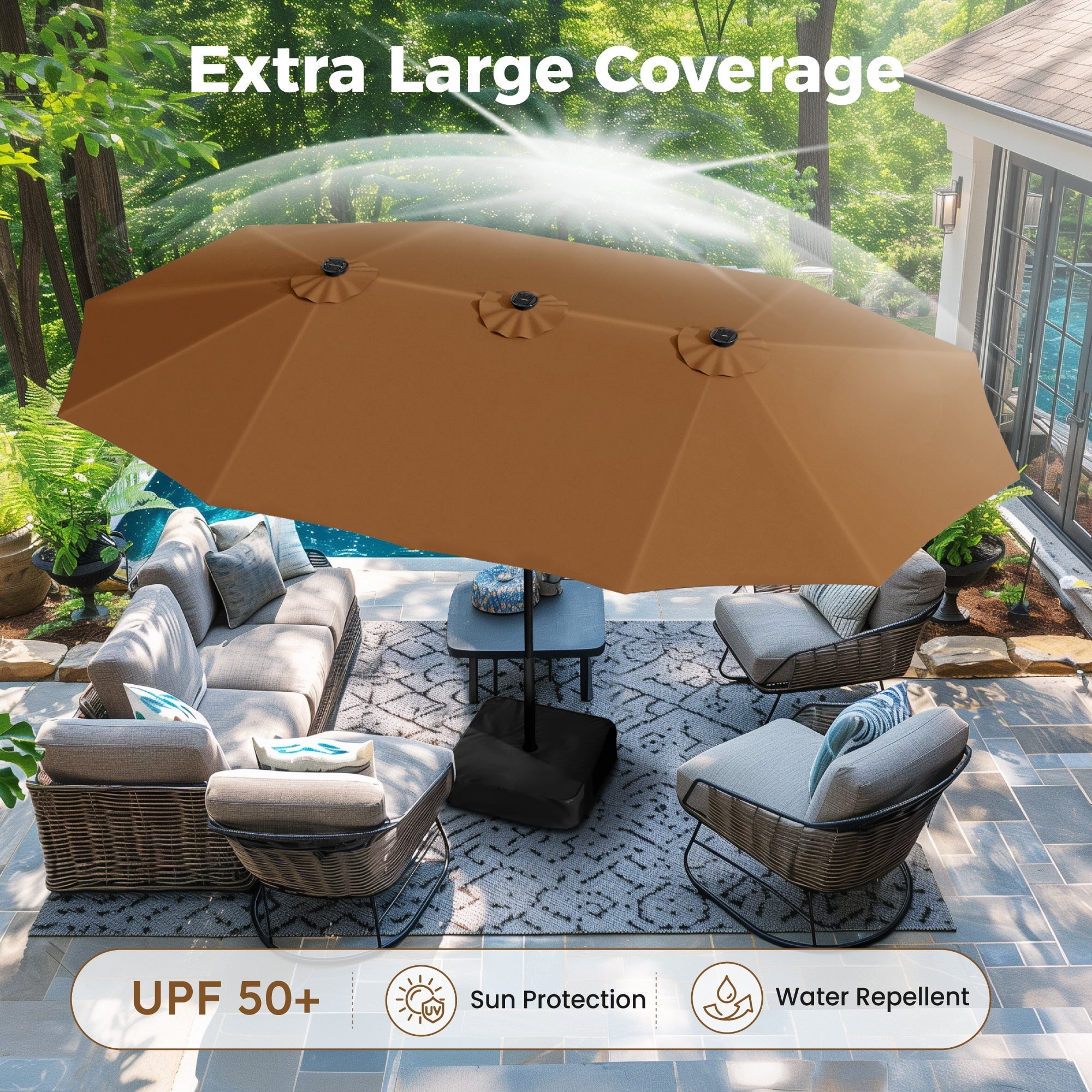 Alpha Joy 15ft Extra Large Outdoor Patio Double-Sided Umbrella with LED Solar Lights & Umbrella Base, Beige