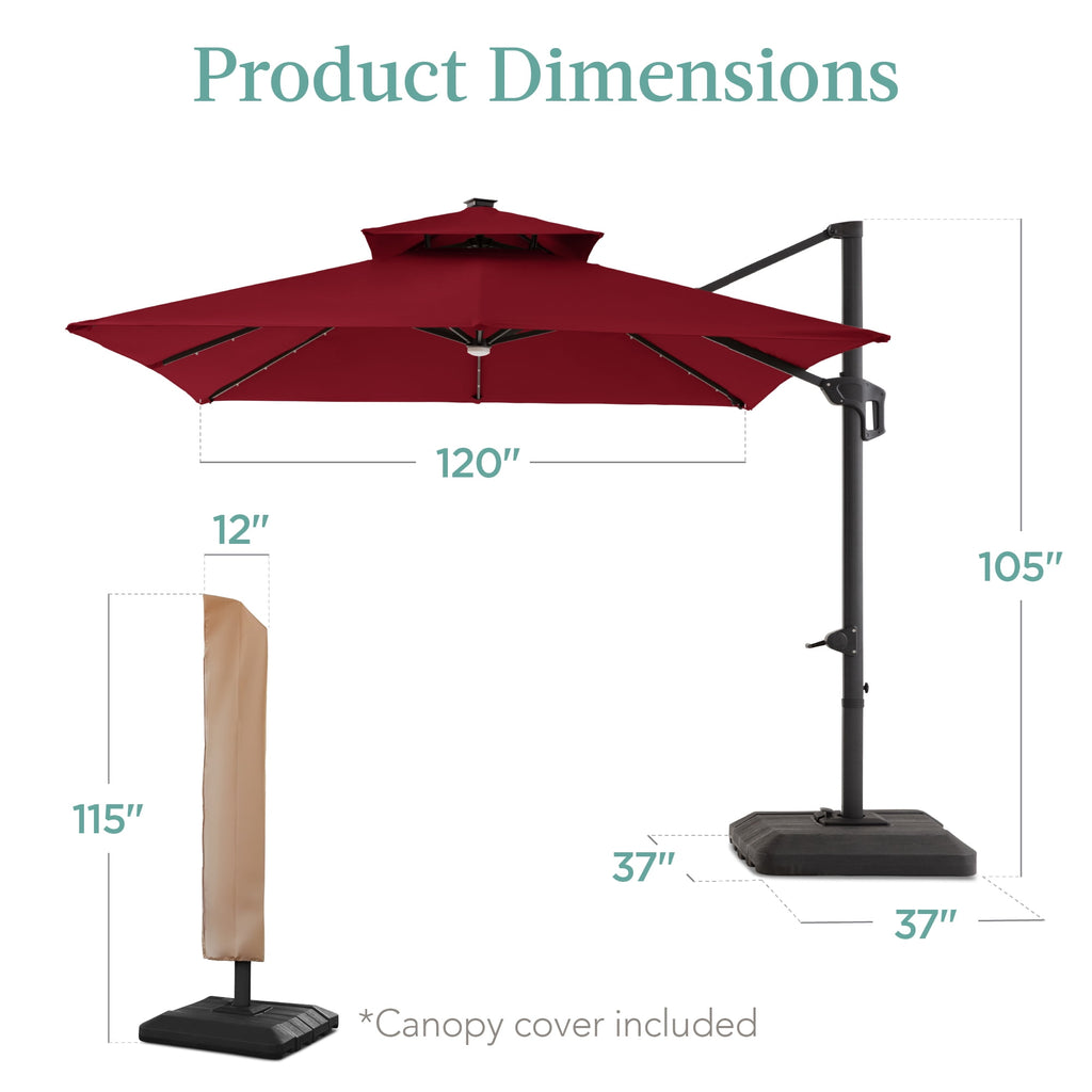 Best Choice Products 10x10ft 2-Tier Square Outdoor Solar LED Cantilever Patio Umbrella w/ Base Included - Tan