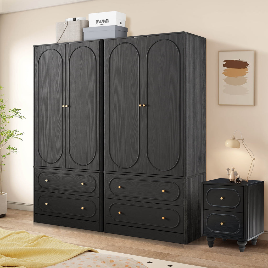 Wirrytor Freestanding Wooden Armoire Wardrobe with 2 Woven Doors and Storage Drawers, Space-Saving Closet Cabinet for Bedroom, Sturdy Mdf Board Closet with Hanging Rail