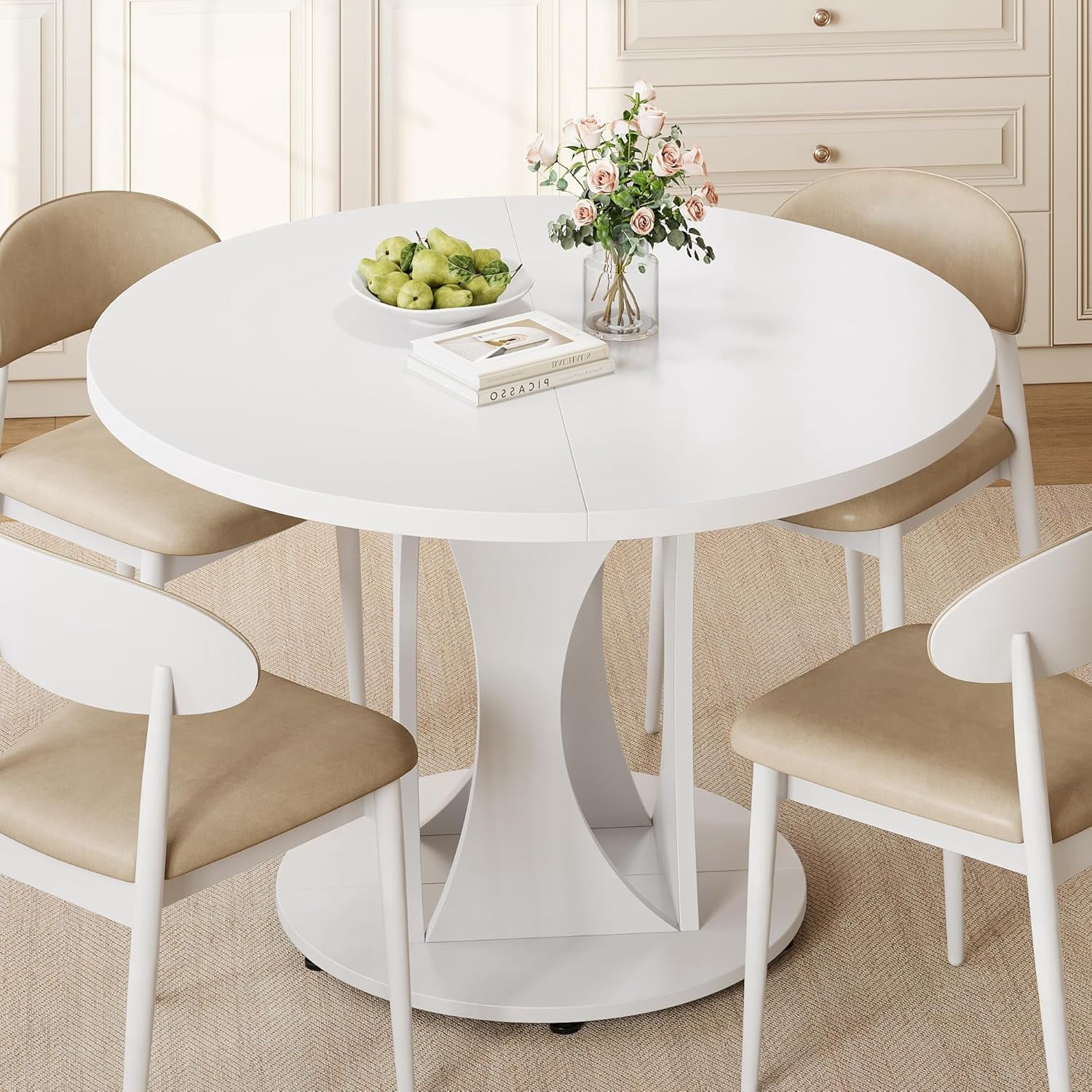 Virans 43.3-59 Extendable Round Dining Table for 6-8,Kitchen Table with MDF,Modern Dinner Table for Dining Rooms,Living Rooms,Walnut