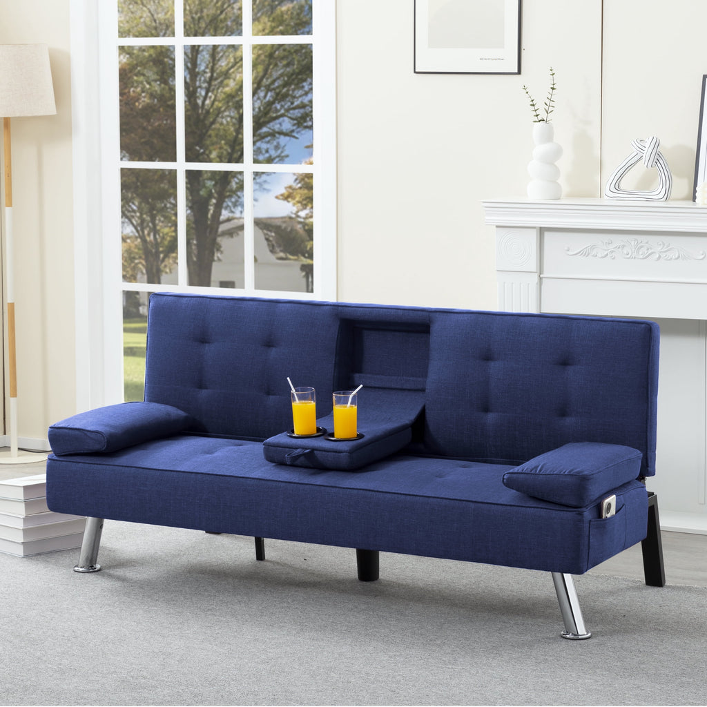 BSHTI 65 Modern Velvet Futon Sofa Bed with Drop Down Cup Holders, 3-Position Adjustable Backrest, Removable Arm Cushions, Chrome Legs for Living Room & Guest Room Black
