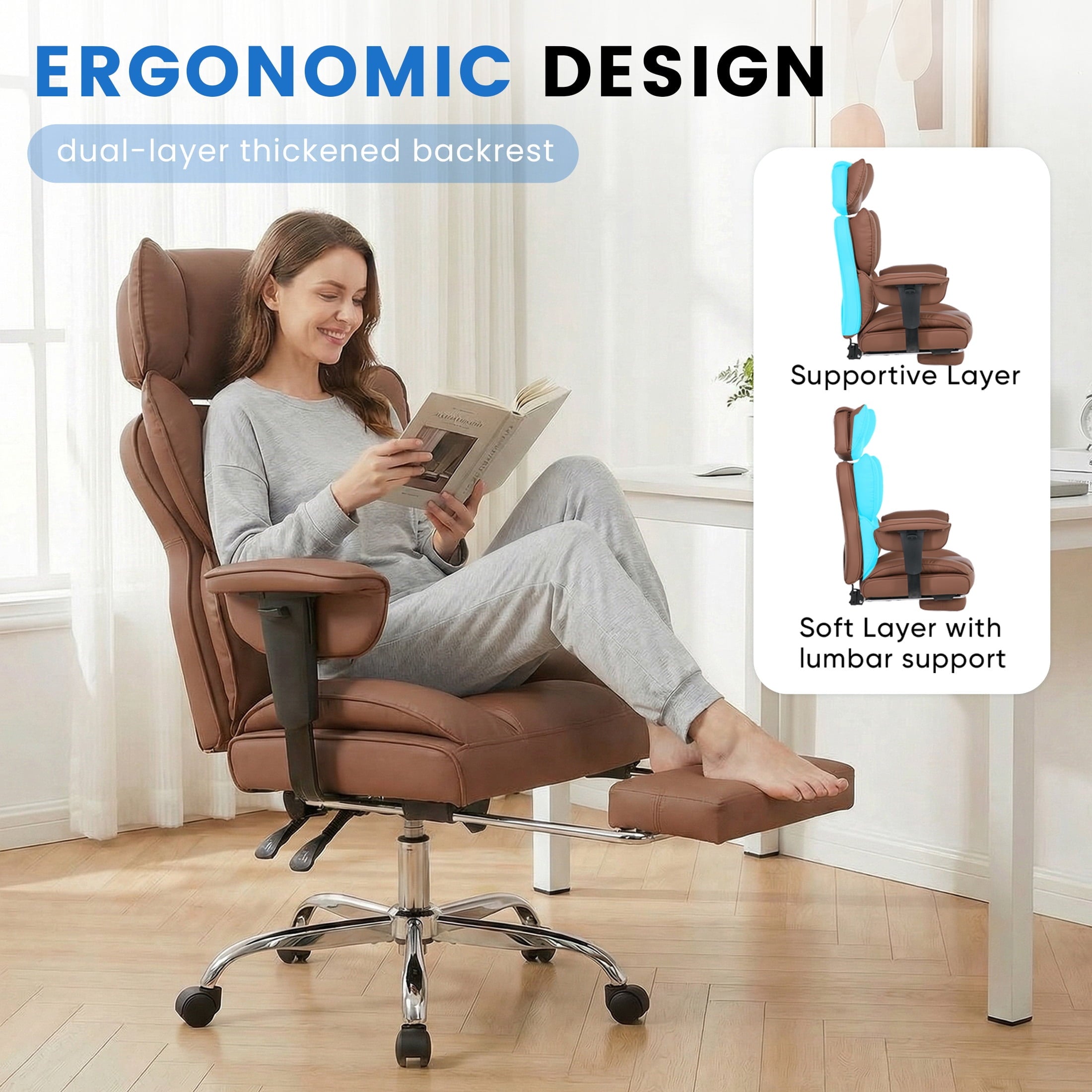 edx Executive Home Office Desk Chair, Ergonomic Big Tall High Back with Footrest & Lumbar Support, Reclining Comfy PU Leather Computer Gaming Chair with Swivel Wheels, Height Adjustable, Black