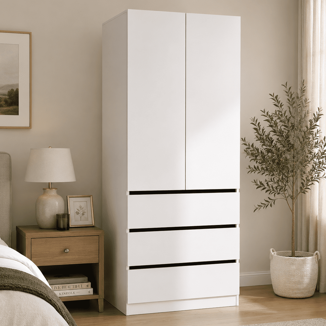 74.8''H Wooden Wardrobe Closet with 3 Drawers & Hanging Rod, 2-Door Armoire Cabinet with Smooth Drawer Slides for Bedroom