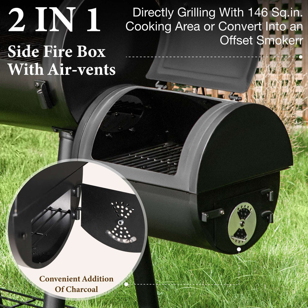 PHI VILLA 28 Charcoal Grill with Offset Smoker Black
