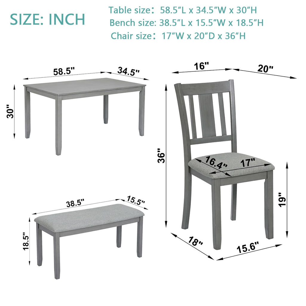 Dining Room Set, LEGAHOME 6 Piece Dining Sets with Bench and Chairs, Solid Wood Kitchen Dining Table Set for 6 with Upholstered Chairs, Gray