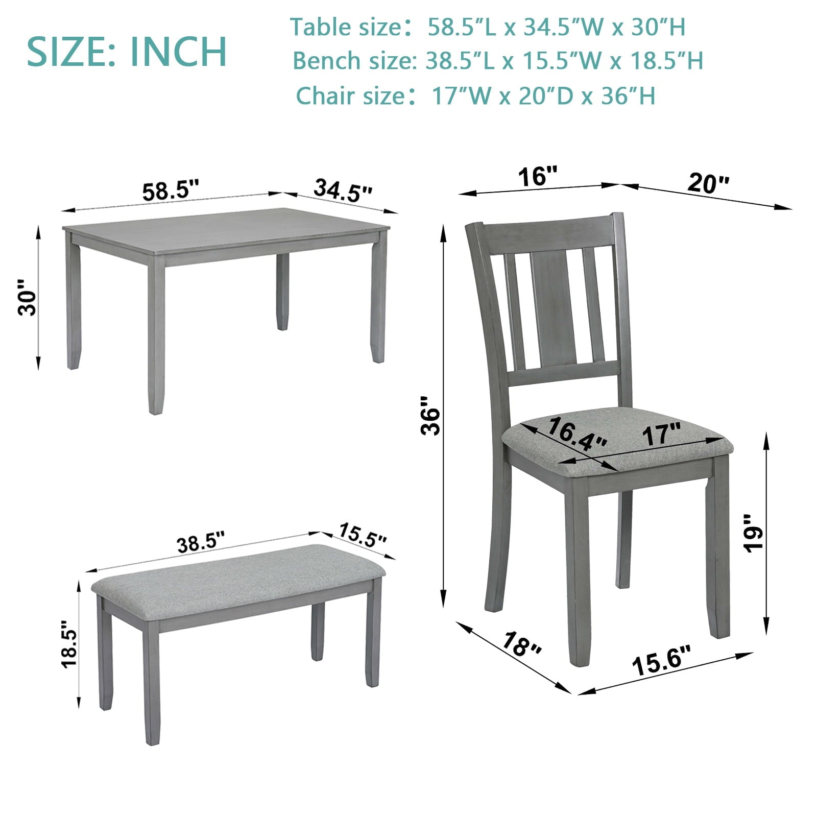 Dining Room Set, LEGAHOME 6 Piece Dining Sets with Bench and Chairs, Solid Wood Kitchen Dining Table Set for 6 with Upholstered Chairs, Gray