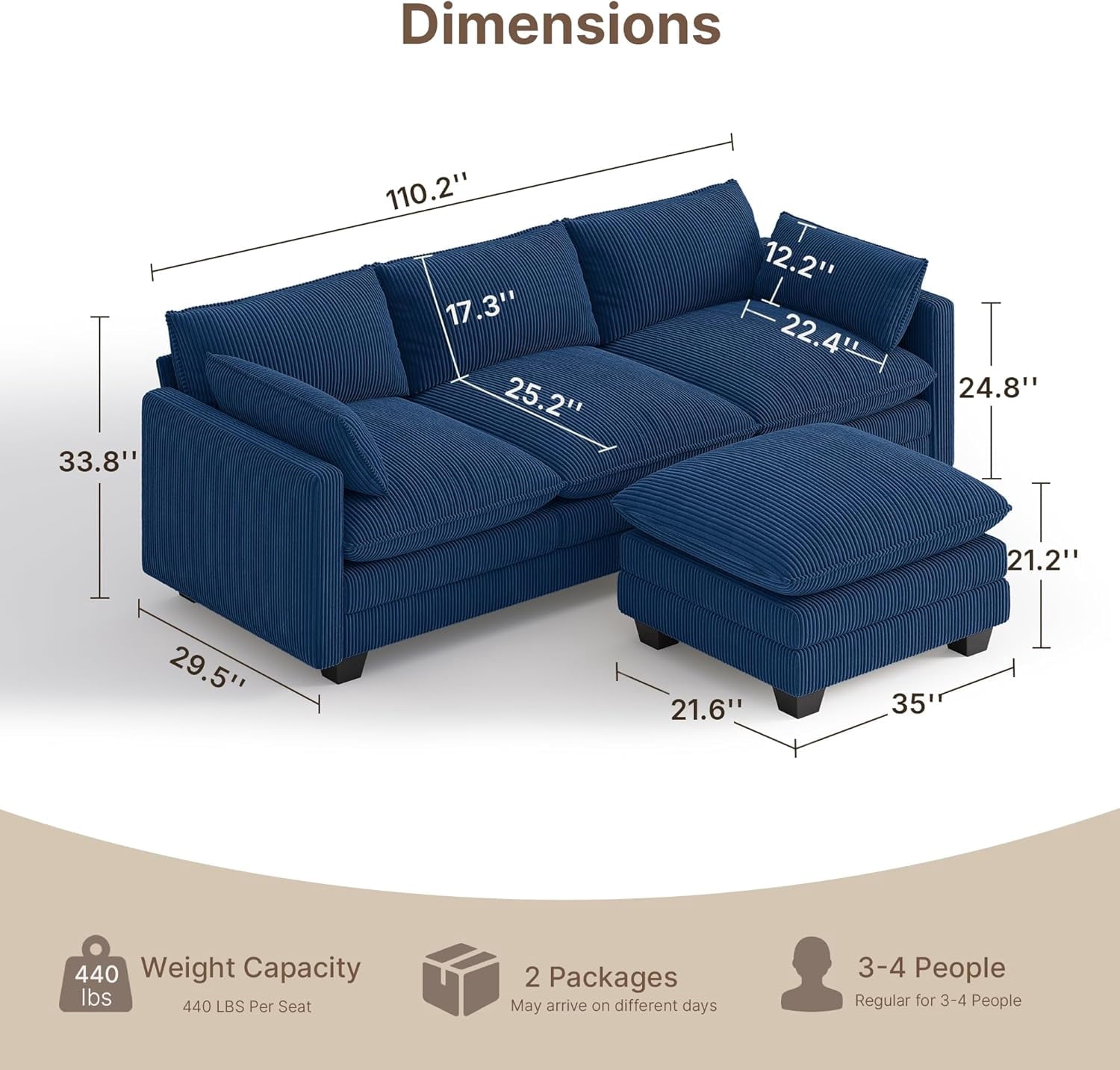 110'' Oversized L Shaped Couch for Living Room, Cloud Couches with Washable Corduroy Cover, Modern 4-Seater Comfy Deep-Seat Sofa with Movable Ottoman and 2 Throw Pillows for Apartment, Gray